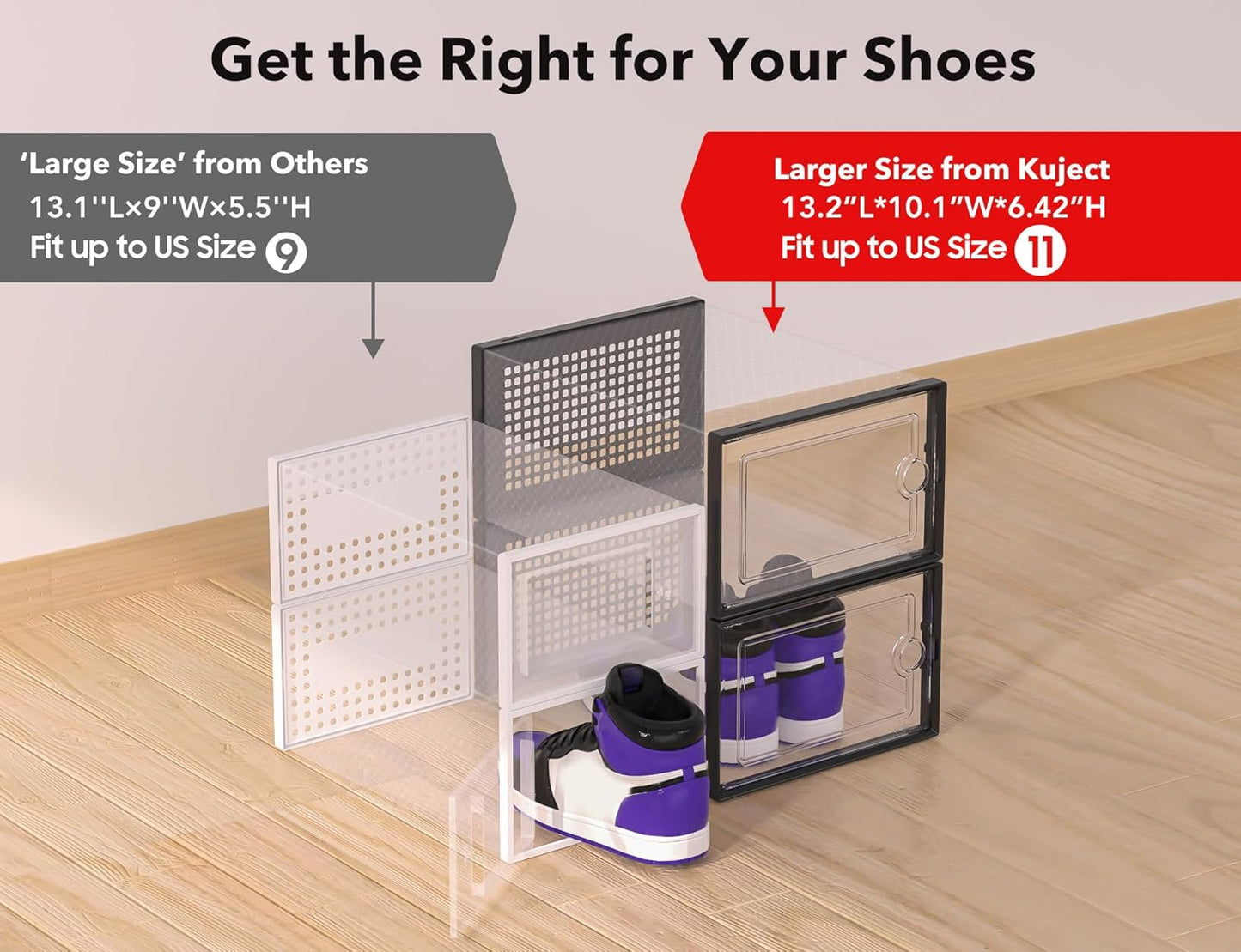 Kuject X-Large Shoe Storage Boxes Organizers Clear Plastic Stackable 12 Pack, Shoe Rack & Holder Substitute, Sneaker Containers, Toy Storage Organizer Bins for Entryway, Closet, Under Bed, Black