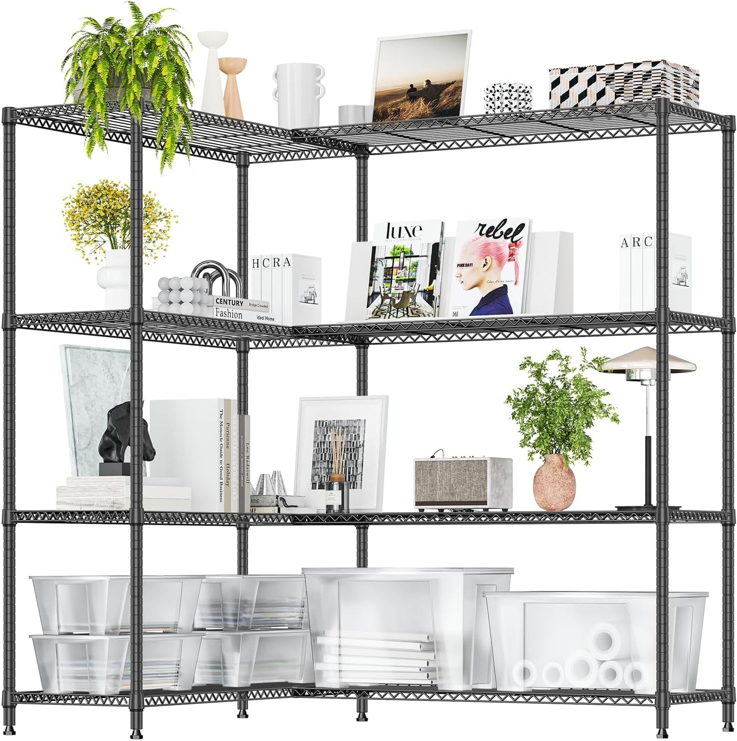 IZEUK Linked Storage Racks, DIY Adjustable Heavy Duty Metal Shelving Unit for Corner, Ideal for Kitchen, Garage, Warehouse, and Garden (Black, 4 Tiers, 15.7" D x 33.5" W x 59.5" H, 1147 lbs Capacity)