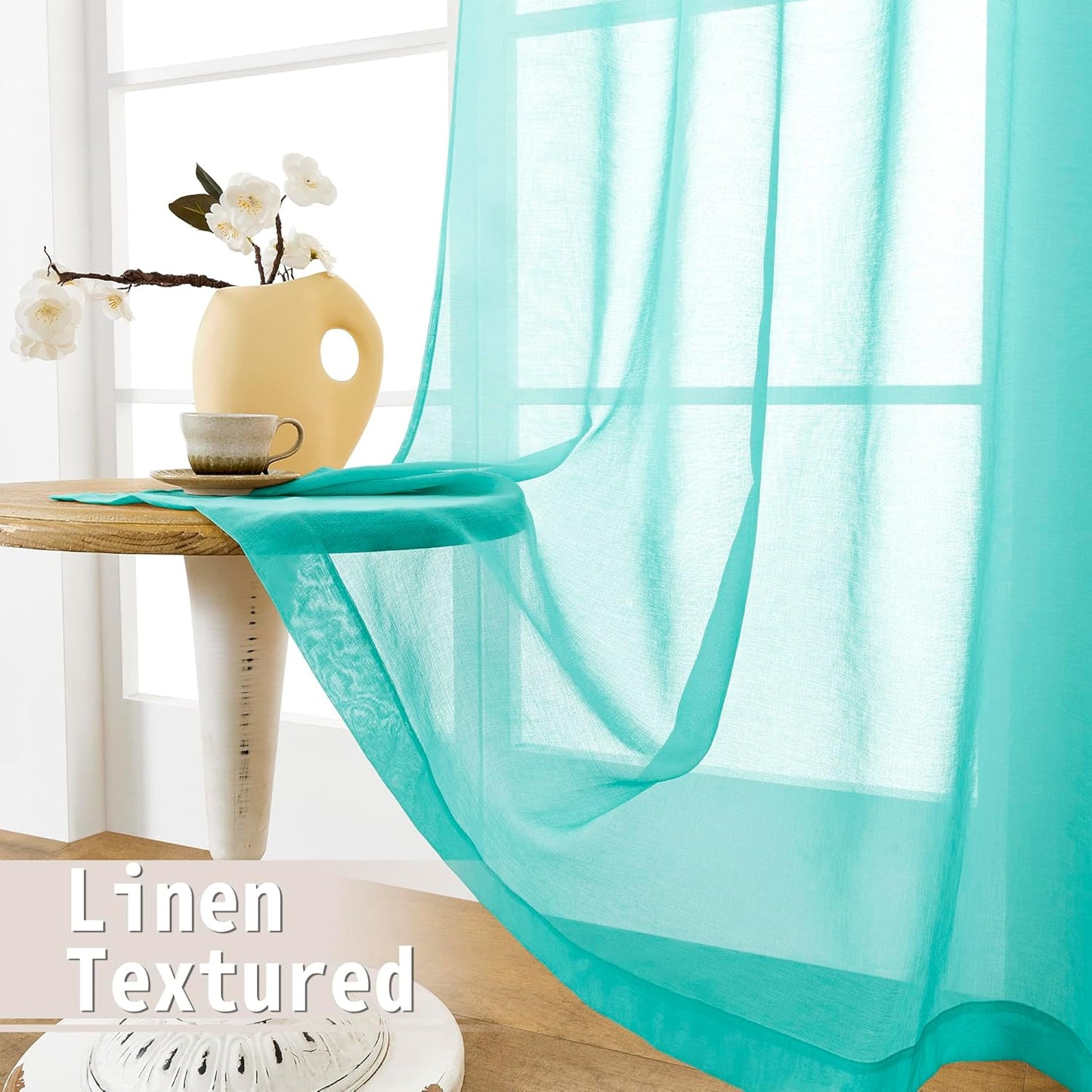 Tollpiz Sheer Door Curtains Closet Linen Textured Curtain Sheers Doorway Light Filtering Voile French Door Rod Pocket Curtains Patio Door, 54 x 63 inches Long, Aqua Blue, Set of 1 Panel