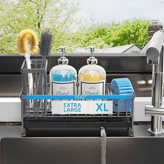 Moforoco Extra Large Sponge Holder for Kitchen Sink Organizer Caddy, Dish Brush Scrubber Holder,Stainless Steel Sink Box Utensil Holder,Soap Dispenser Set Tray Counter Accessories(Grey)