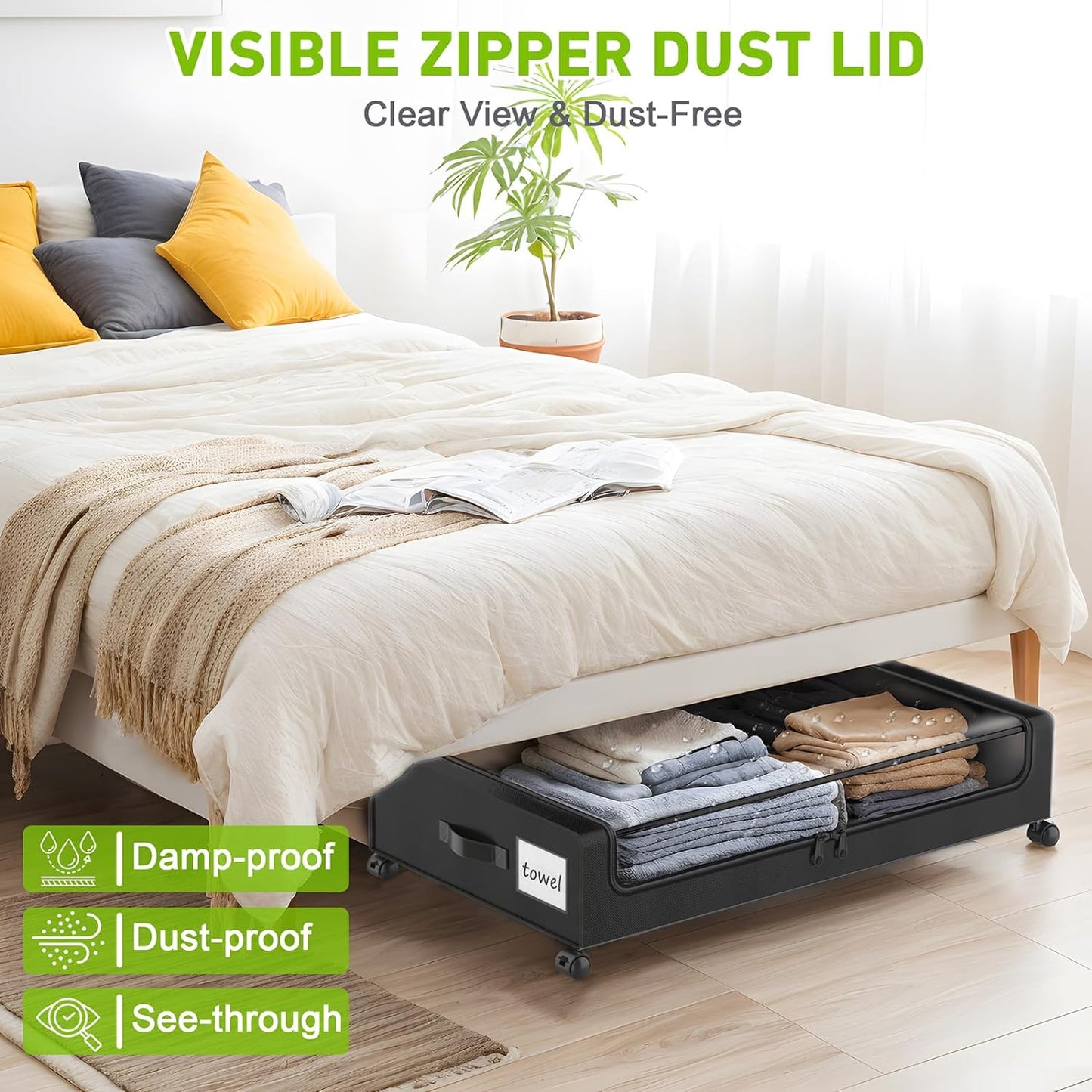 Under Bed Storage with Wheels, 4-Pack Under the Bed Storage Containers with Clear Lids & Label, Underbed Storage Bins, XXL 60L Rolling Metal Drawer for Clothes, Shoes, Toys, Books - Black