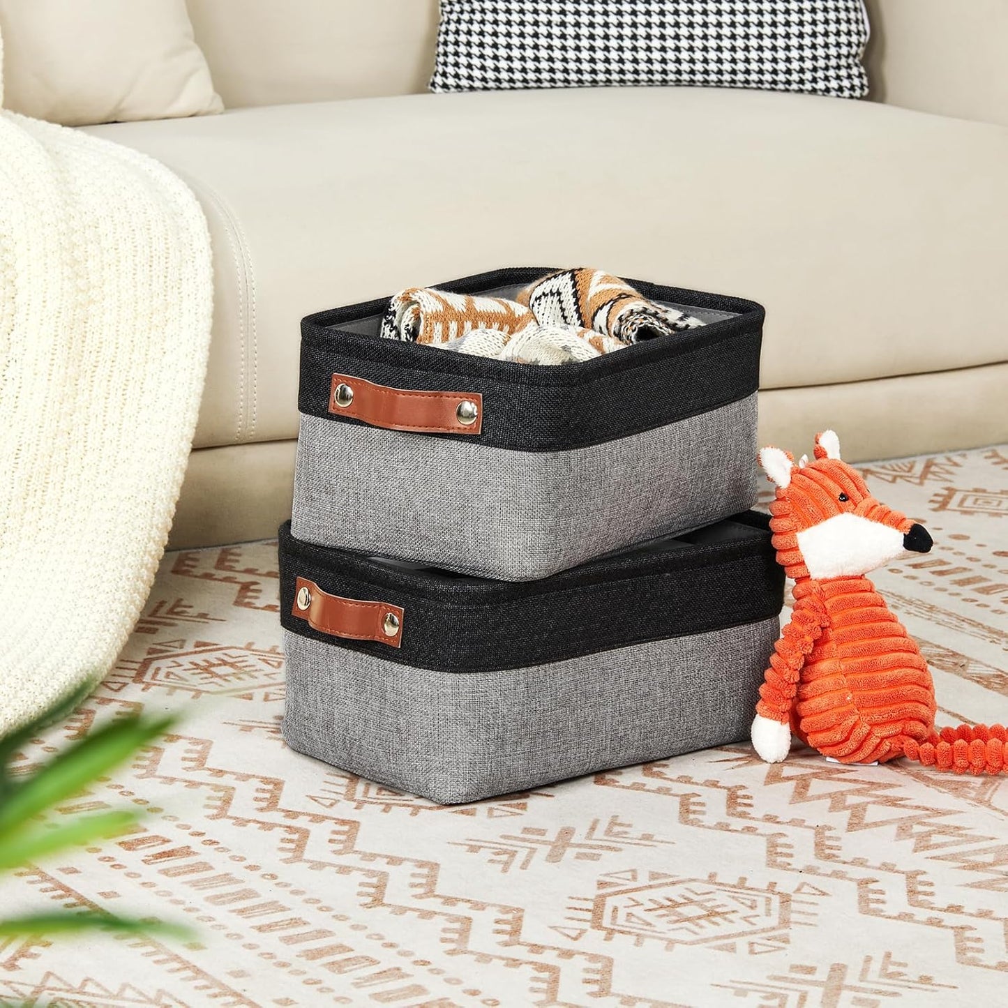 DULLEMELO Small Storage Baskets for Organizing - 11.8x7.9x5.1 inch Collapsible Storage Bins Set of 2 cloth storage bins for organizing Books and towel storage (Black&Grey)