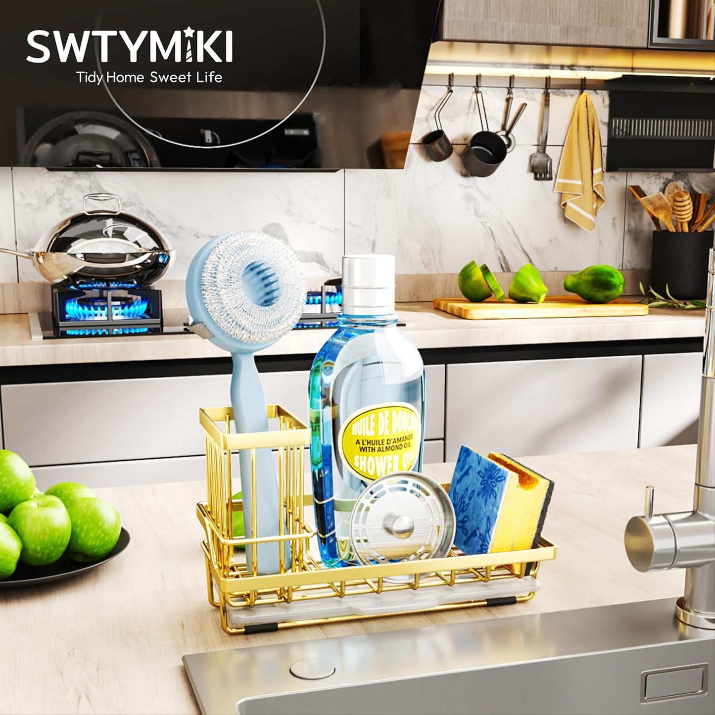 SWTYMIKI Sink Caddy Kitchen Sink Organizer with Detachable Brush Holder, Stainless Steel Sponge Holder with Removable Drip Tray Sponge Caddy for Kitchen Countertop, Gold