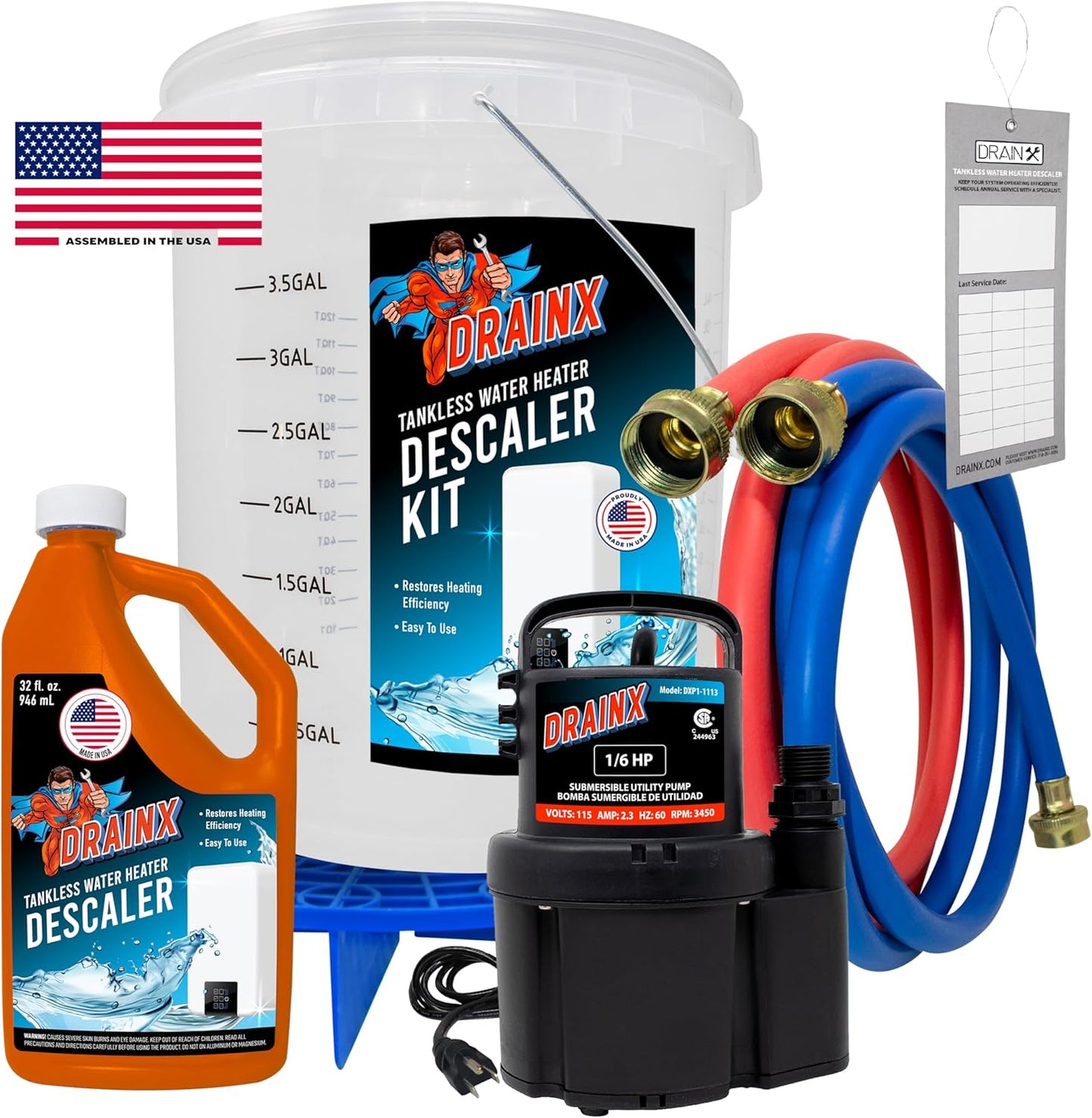DrainX Tankless Water Heater Flushing Kit Includes Submersible Pump, Hoses, Liquid Descaler Solution, and Measuring Bucket