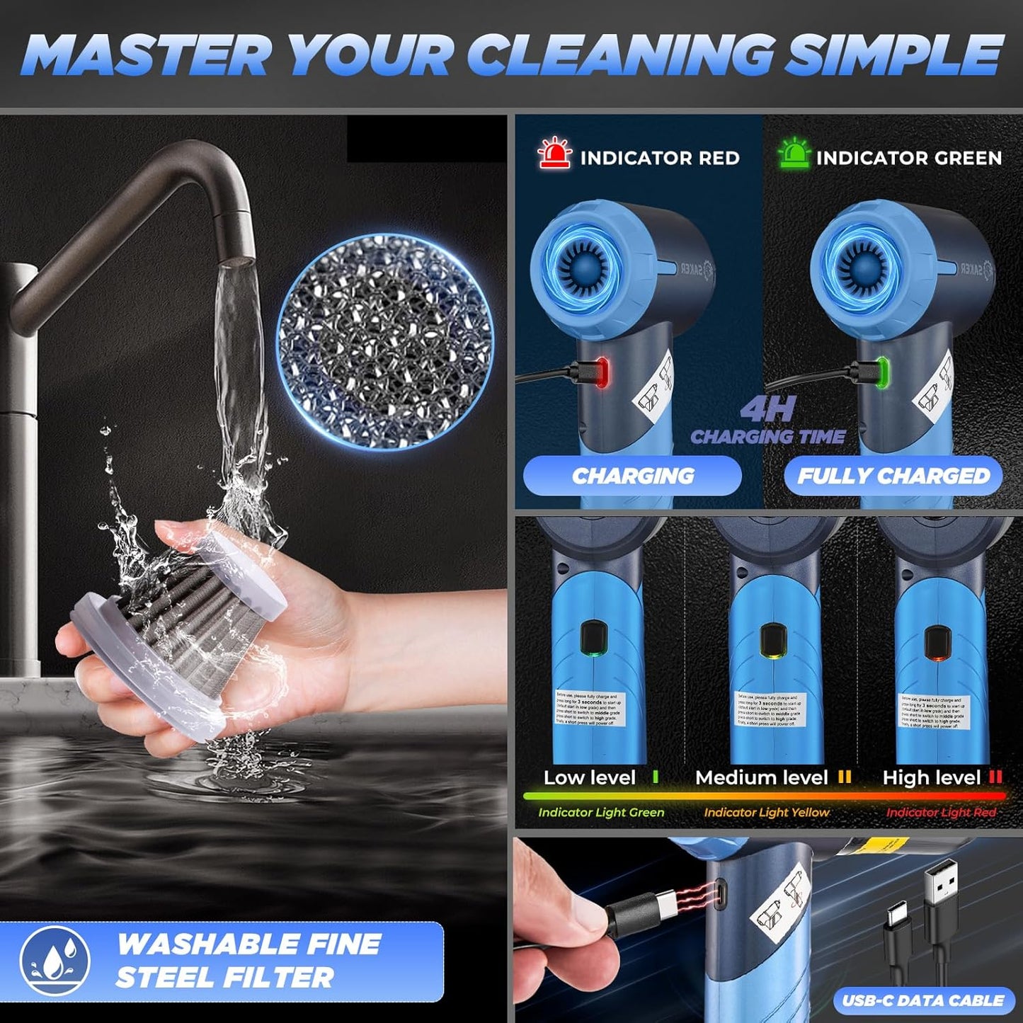 Saker Portable Car Vacuum Cleaner Cordless High Power 17000PA 3 in 1 Foldable Handheld Vacuum Cordless with Brushless Motor for Inflation,Dust Blowing,Home Car Cleaning HL132 Blue