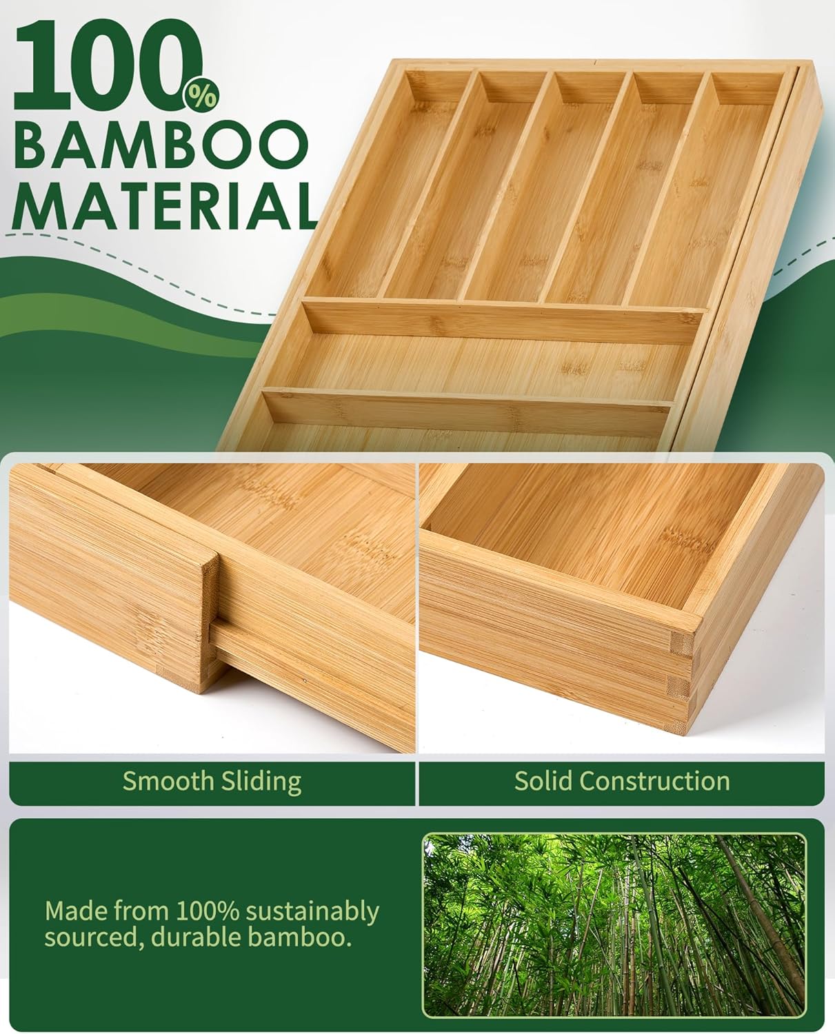 Premium Bamboo Expandable Drawer Organizer, 7-9 Slots Adjustable Kitchen Drawer Organizer for Large Cooking Utensils Cutlery, Kitchen Drawer Organization