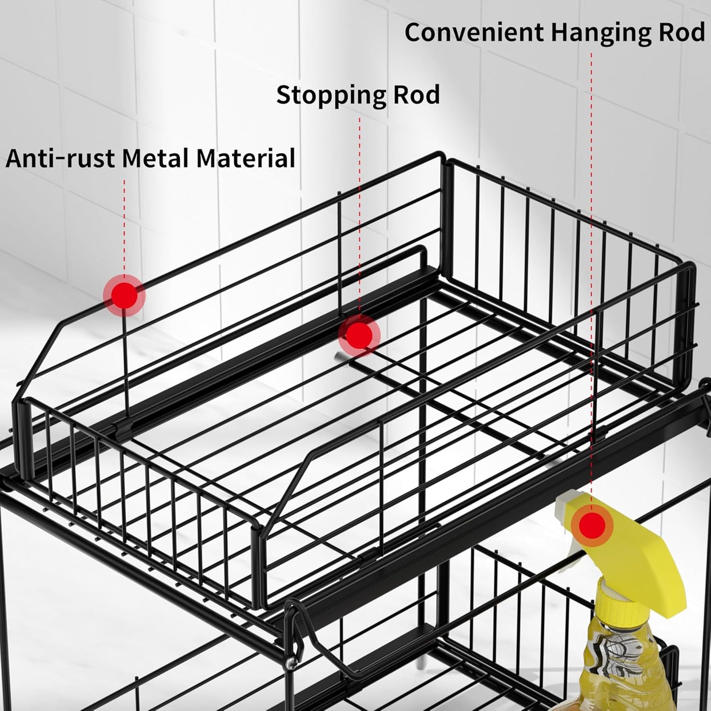 SUEH DESIGN Under Sink Organizer, 2 Tier Bathroom Cabinet Organizer Metal Kitchen Sink Organzier with Hanging Rail for Kitchen Bathroom Organization and Storage, 1 Pack