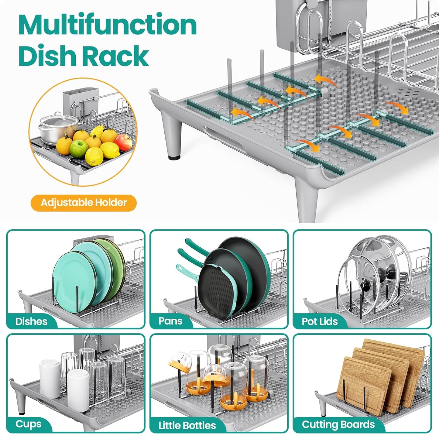 Expandable Dish Drying Rack, Foldable Dish Rack for Kitchen Counter, Stainless Steel Collapsible Dish Drainer Racks with Cutlery Holder, Gray