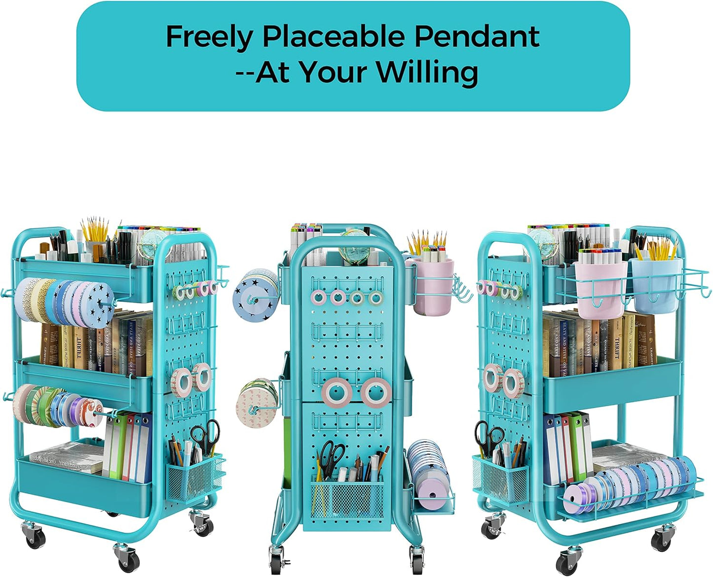DESIGNA 3-Tier Utility Storage Rolling Cart with Removable Pegboard & Extra Storage Baskets Hooks, Metal Craft Art Carts for Gift Home Office, Teal
