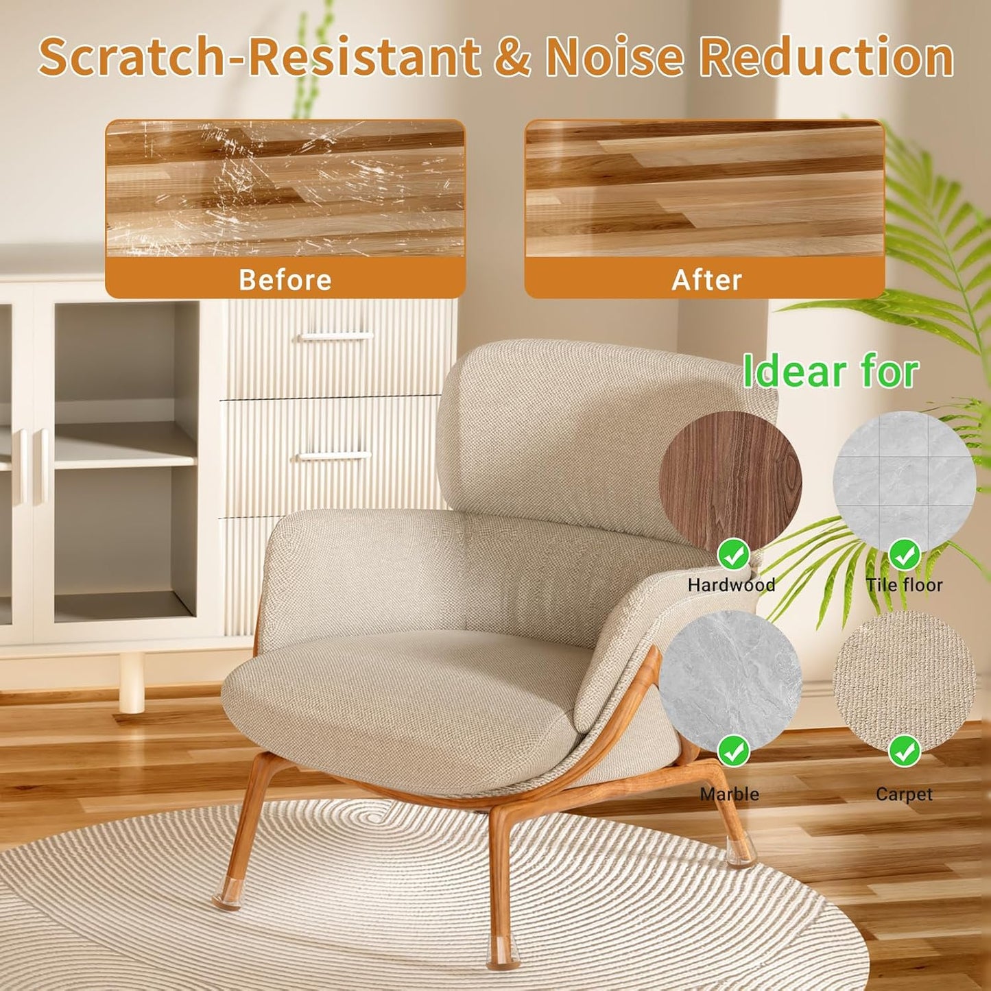 24 PCS Silicone Chair Leg Floor Protectors Medium Fit (1"-1.2") Rubber Felt Furniture Pads Chair Legs Caps/Covers for Hardwood Floors, Tile from Scratches & Reduce Noise - Round, Clear