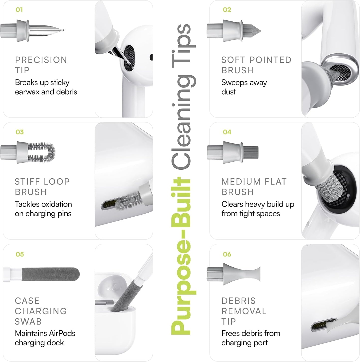 KeyBudz Air Care 2.0 AirPods Cleaning Kit - Patented Multi-Tool Cleaner with Interchangeable Brush Tips for AirPods, iPhone and Apple Devices with Sticky Squares Putty, Hard Case and Travel Pouch