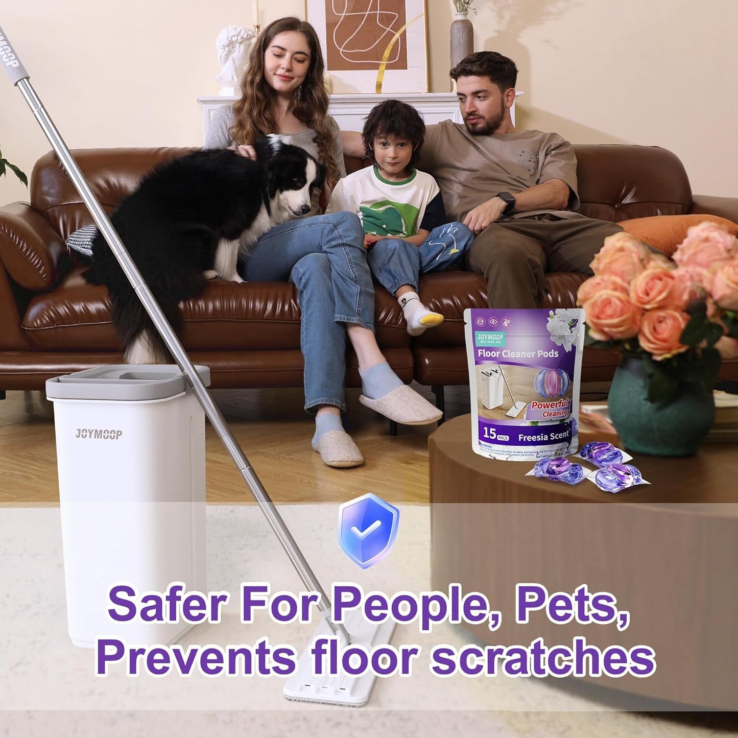 JOYMOOP Mop and Bucket with Wringer Set and Floor Cleaner Pods, Flat Floor Mop with 3 Reusable Microfiber Pads, Wet and Dry Use, Freesia Scent Pack of 15 Pacs for Floor Cleaning