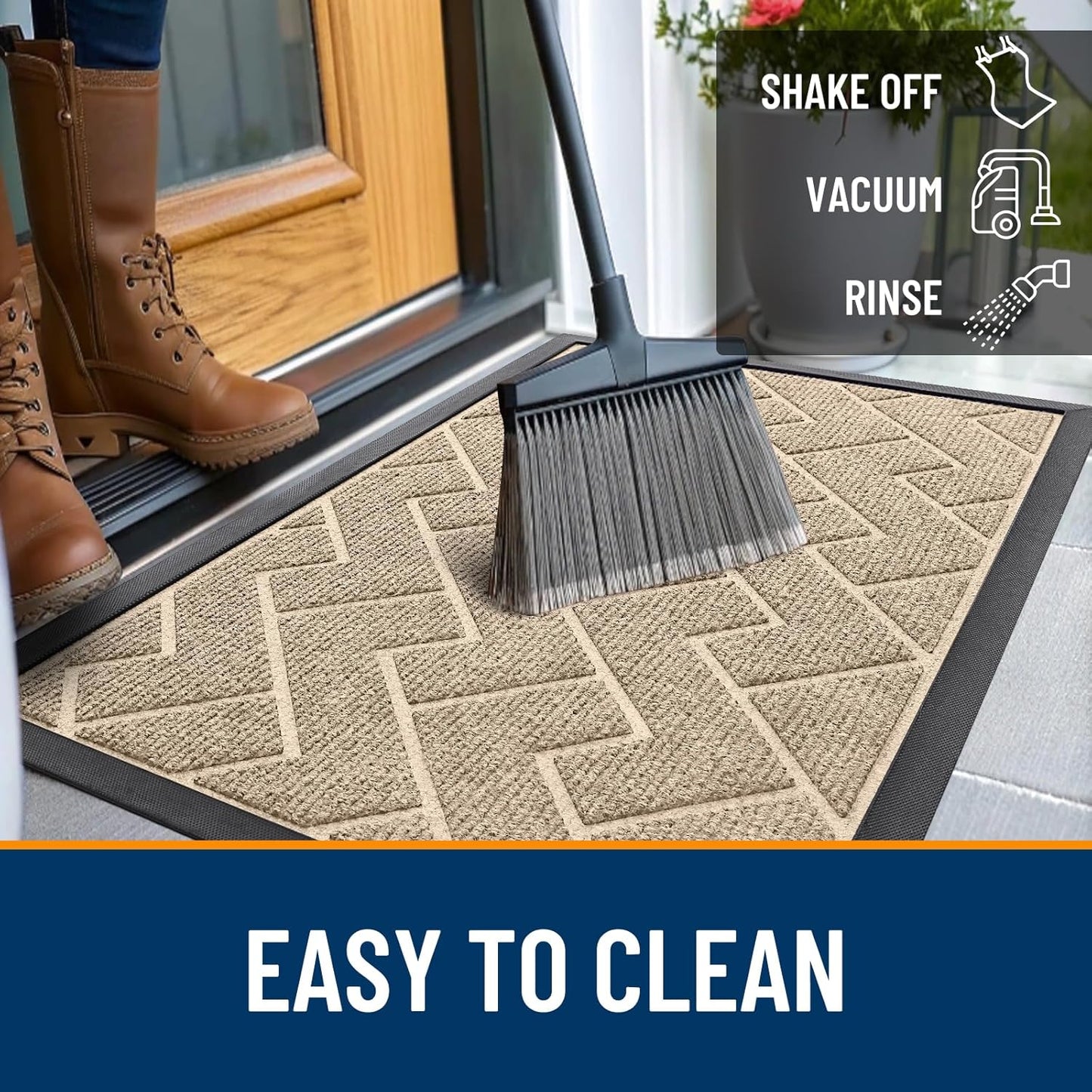 OLANLY Front Door Mat Indoor Outdoor Entrance, Waterproof All-Season, All-Weather Doormat, Sturdy Natural Rubber, Low Profile, Easy Clean Patio Porch Entryway Mat, Herringbone Brick (Beige, 59x35)