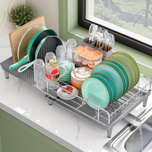 Expandable Dish Drying Rack, Foldable Dish Rack for Kitchen Counter, Stainless Steel Collapsible Dish Drainer Racks with Cutlery Holder, Gray