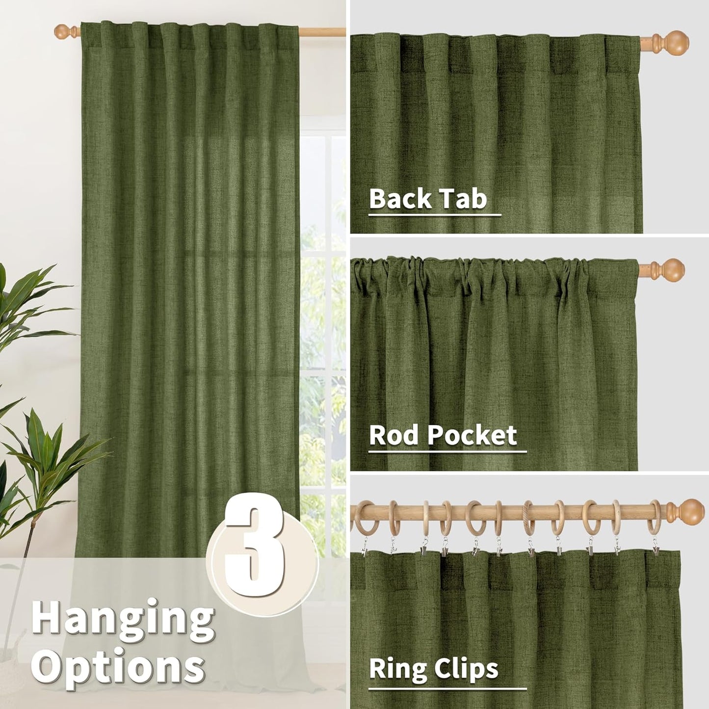 YoungsTex Olive Green Linen Curtains 63 Inch Length for Living Room, Light Filtering Textured Drapes with Rod Pocket/Back Tab Semi Sheer Window Treamtments for Bedroom, 2 Panels, 52 X 63 Inch