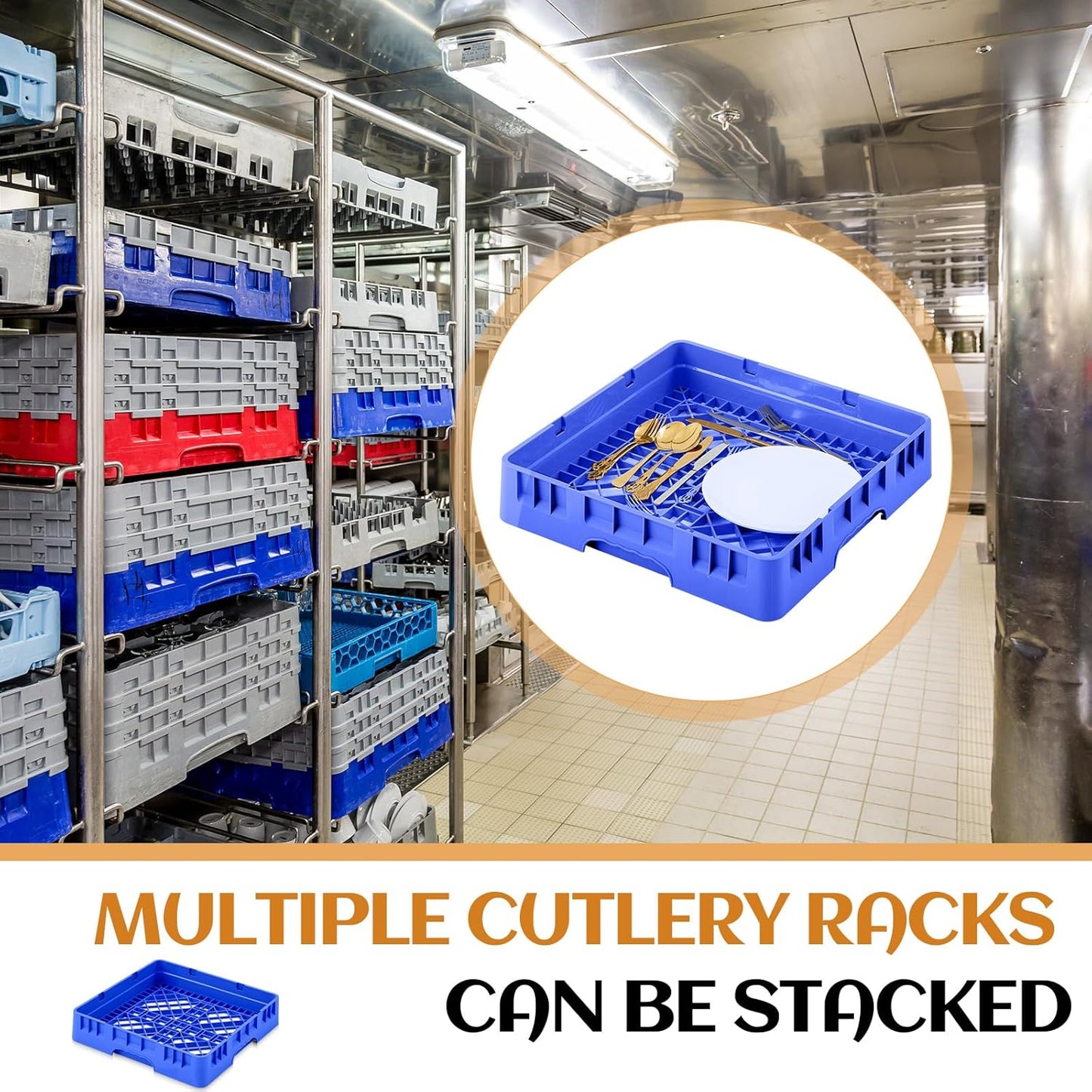 Commercial Dishwasher Tray Rack Polypropylene Full Size Flatware Rack for Bowls Plates Knives Forks Cups(19.7 x 19.7 x 3.97 Inch,Blue)