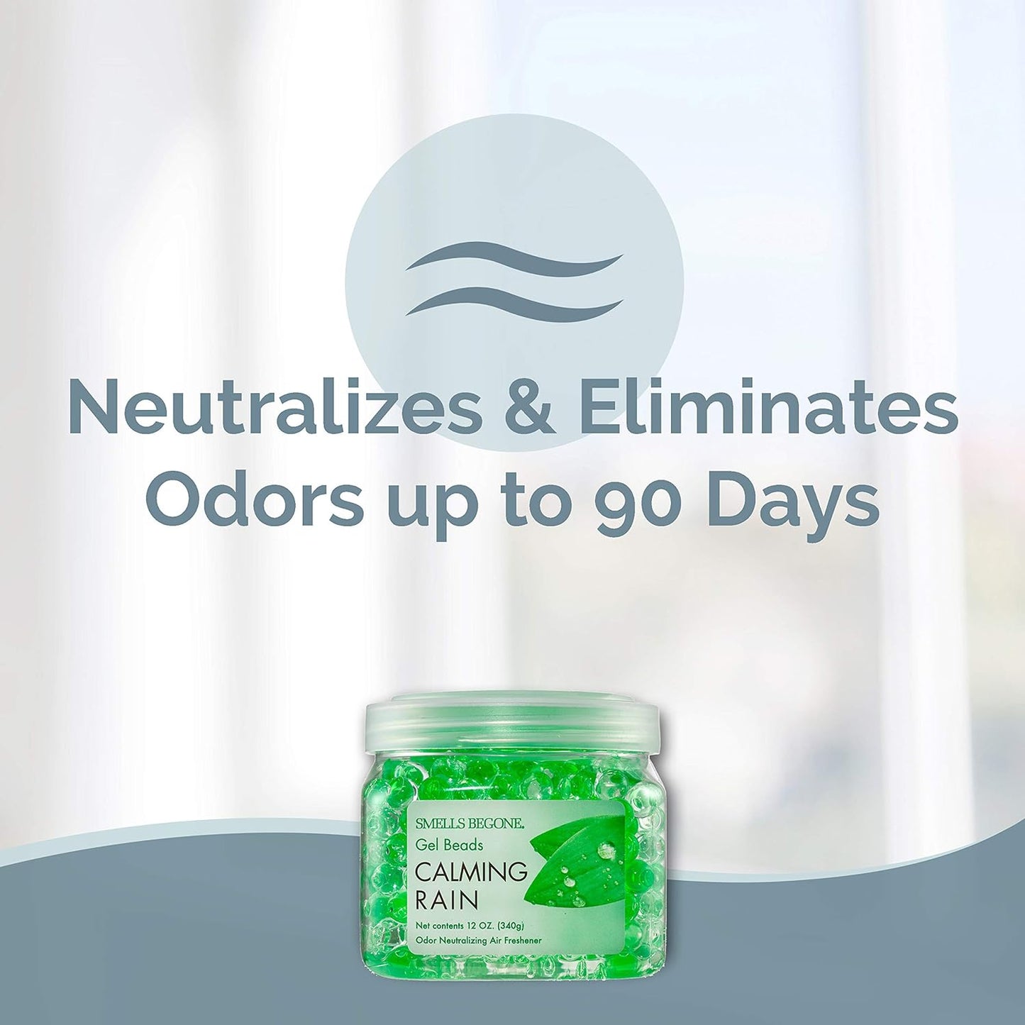 SMELLS BEGONE Odor Eliminator Gel Beads - Air Freshener - Eliminates Odor in Bathrooms, Cars, Boats, RVs and Pet Areas - Made with Essential Oils - Calming Rain Scent - 12 Ounce