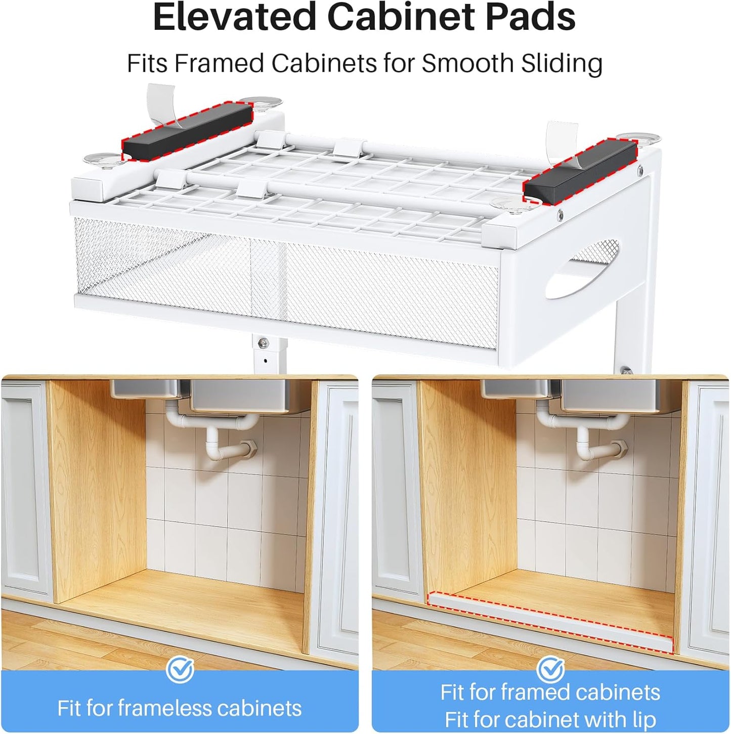 Under Sink Organizer, 2 Tier Pull Out Under Cabinet Organizer Shelf with Pad for Framed Cabinets, Metal Slide Out Under Sink Storage, Mesh Sliding Drawers for Kitchen Bathroom Laundry(White, 1 Pack)