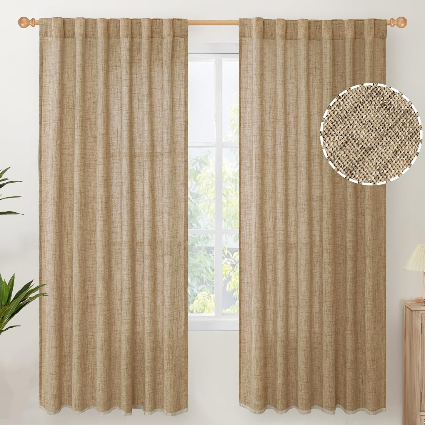 YoungsTex Burlap Linen Semi Sheer Curtains 72 Inch Length for Living Room, Semi Sheer Window Treatments Light Filtering with Rod Pocket Back Tab for Farmhouse Bedroom, Toffee, 2 Panel, 52 X 72 Inch