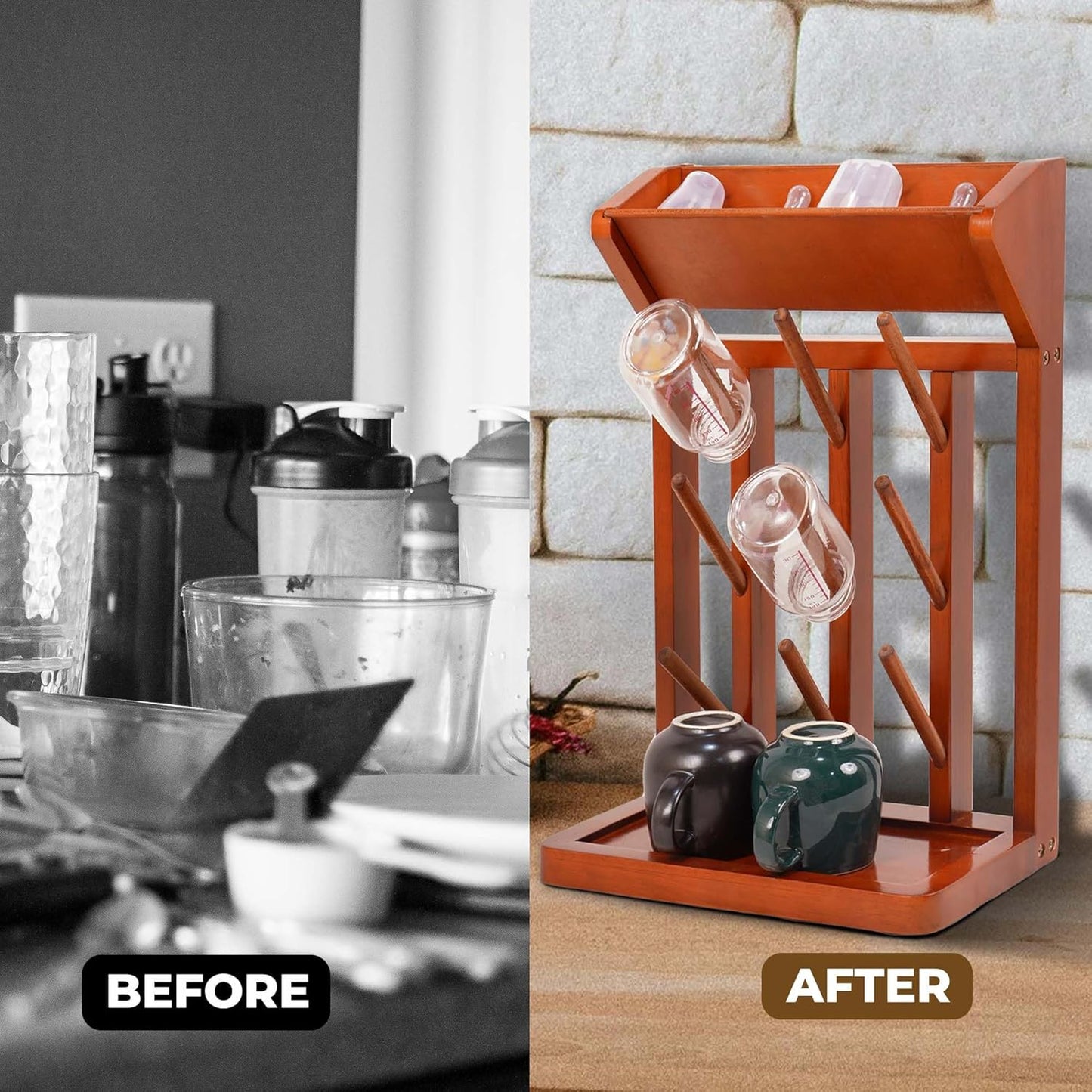 Brown Vertical Bottle Drying Rack Rubber Wood 9 Hooks, Use for Bottles, Cups, Mugs, Glasswine, Space Saving Storage Shelf Bottle Holder Dryer Kitchen