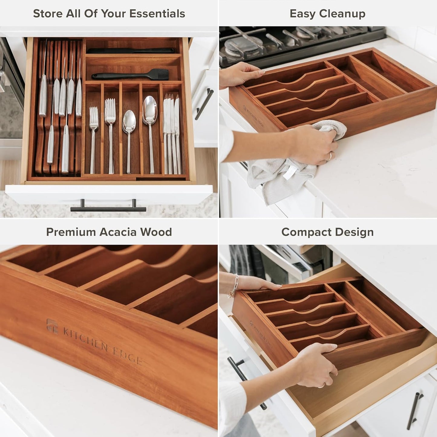 KitchenEdge Premium Silverware, Flatware and Utensil Organizer for Kitchen Drawers, Food-Safe Contract Grade, Expandable from 10.5 to 19 In, Natural Acacia