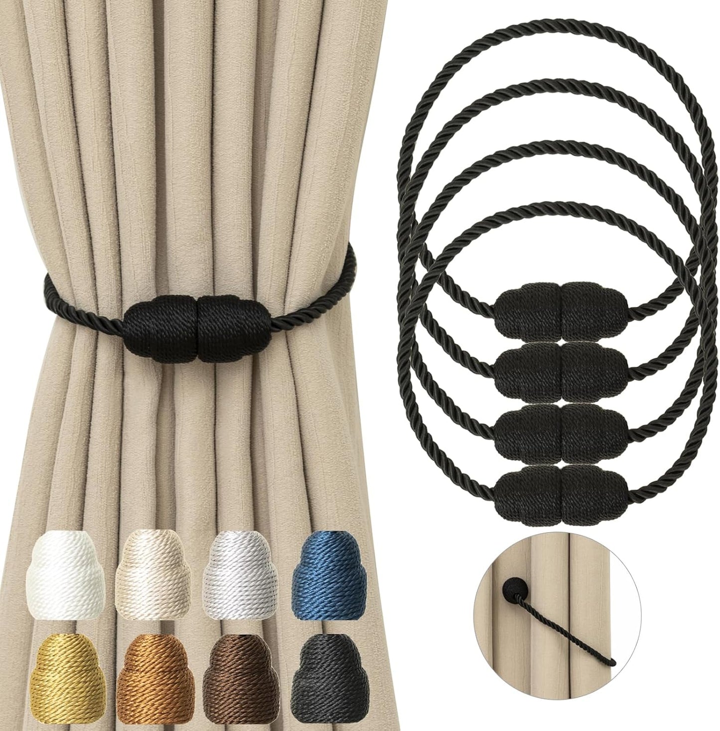 Magnetic Curtain Tiebacks Rope Curtain Tie Backs for Curtains 4 Pack Curtain Holders for Drapes Decorative Window Curtain Holdbacks, Black