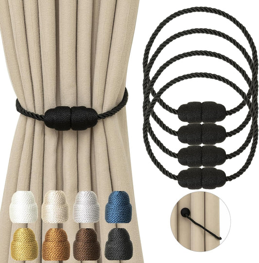 Magnetic Curtain Tiebacks Rope Curtain Tie Backs for Curtains 4 Pack Curtain Holders for Drapes Decorative Window Curtain Holdbacks, Black
