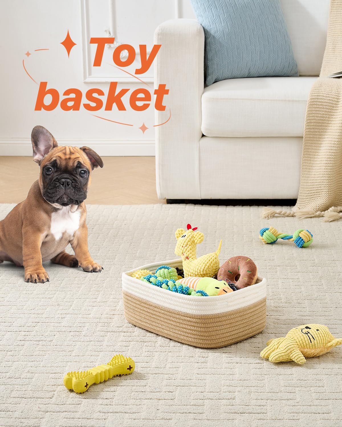 Small Woven Basket, 12 x 8 x 4.5 Inches, Storage Basket for Organizing, Cute Small Rope Shelf Closet Cube Storage Bins Baskets for Shelves, Dog Toy Gift Baskets Empty, 3 Pack White & Brown