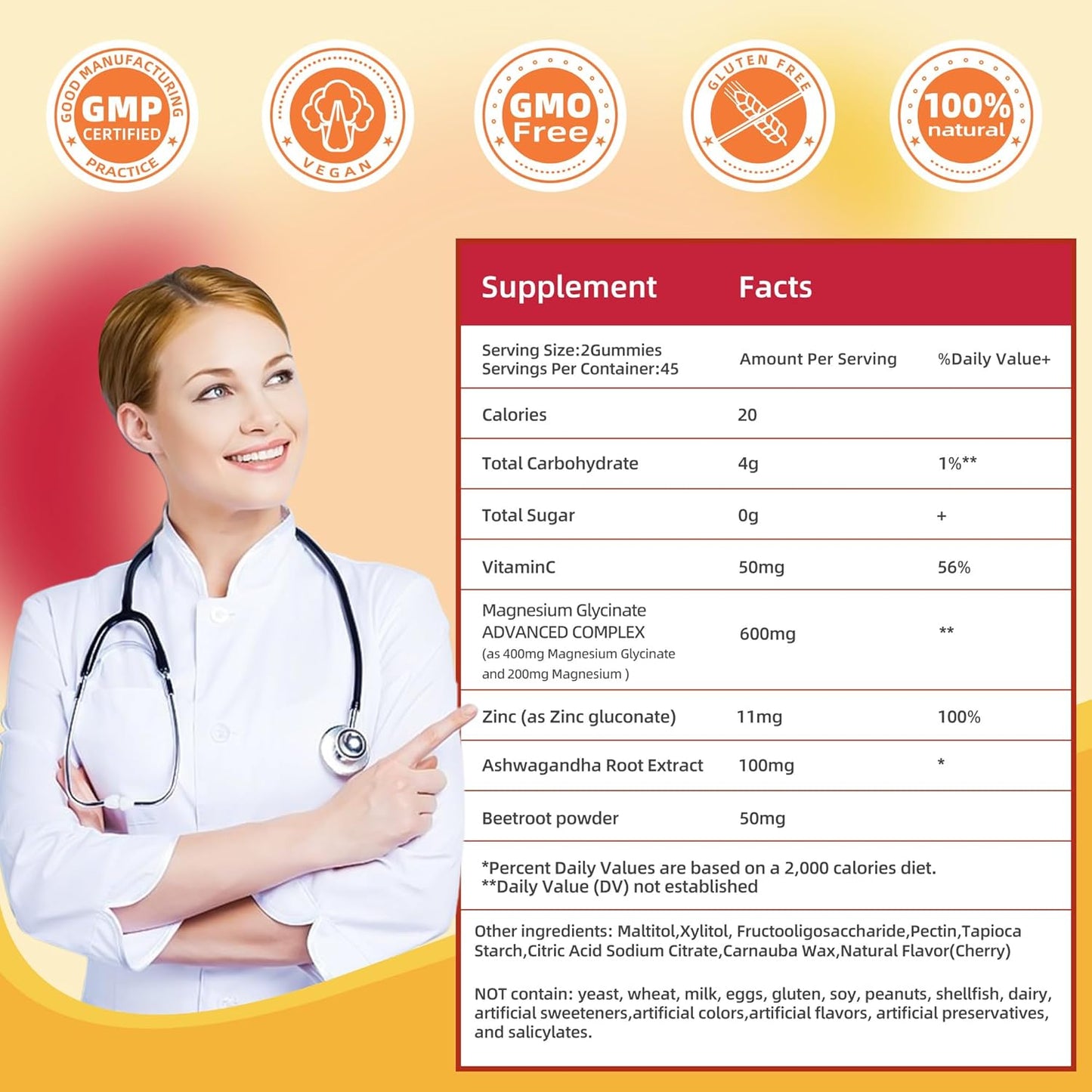 90 Count Magnesium Glycinate Gummies 400mg w/Ashwagandha Supplement - Sugar Free Zinc Magnesium Glycinate Supplement Ashwagandha Gummies for Adults