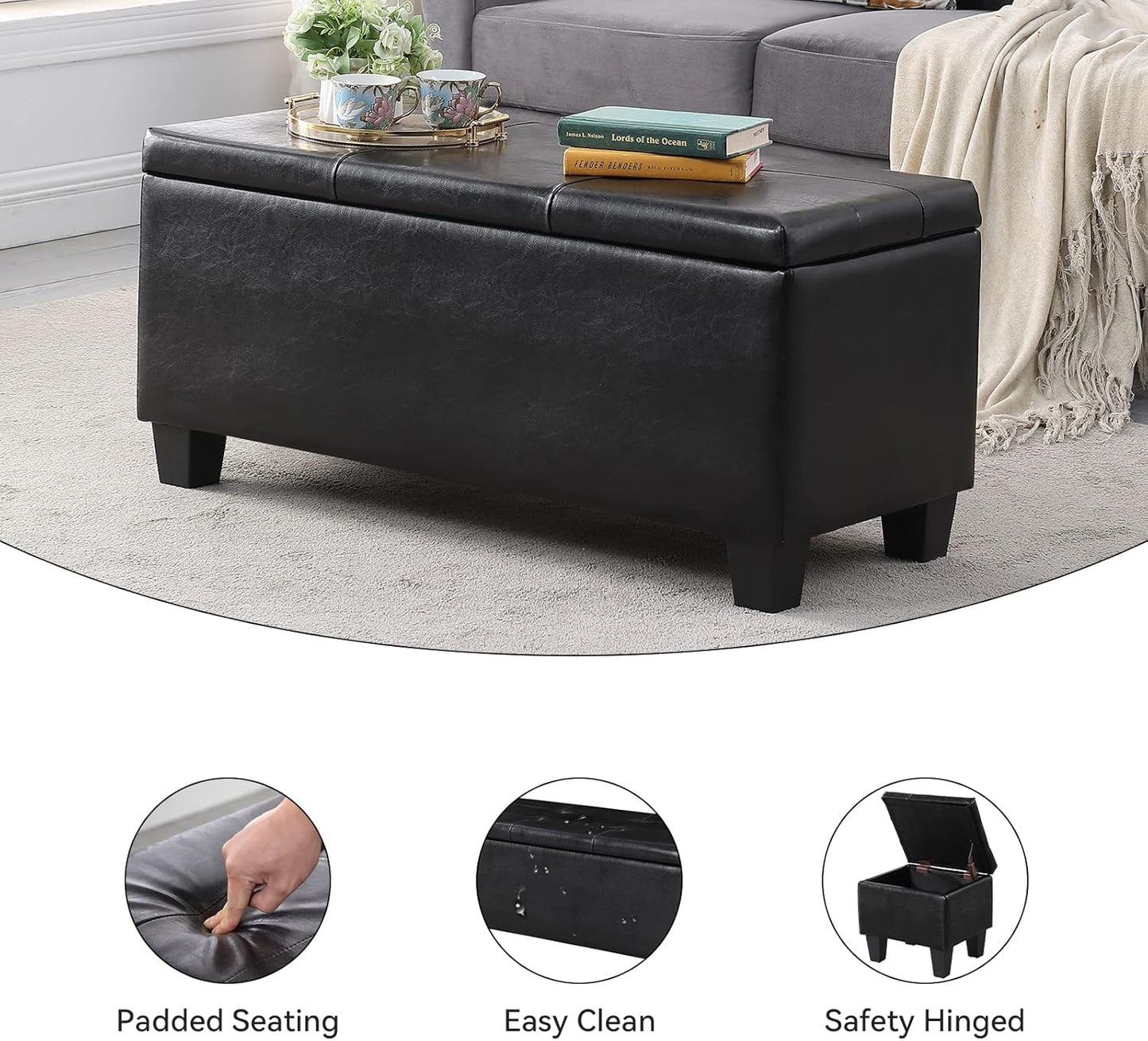 Storage Ottoman Set of 3, 38'' Button-Tufted Coffee Table Bench with 2pcs Nesting Foot Stools, for Living Room Couch, Bedroom, End of Bed (Black - PU Leather)