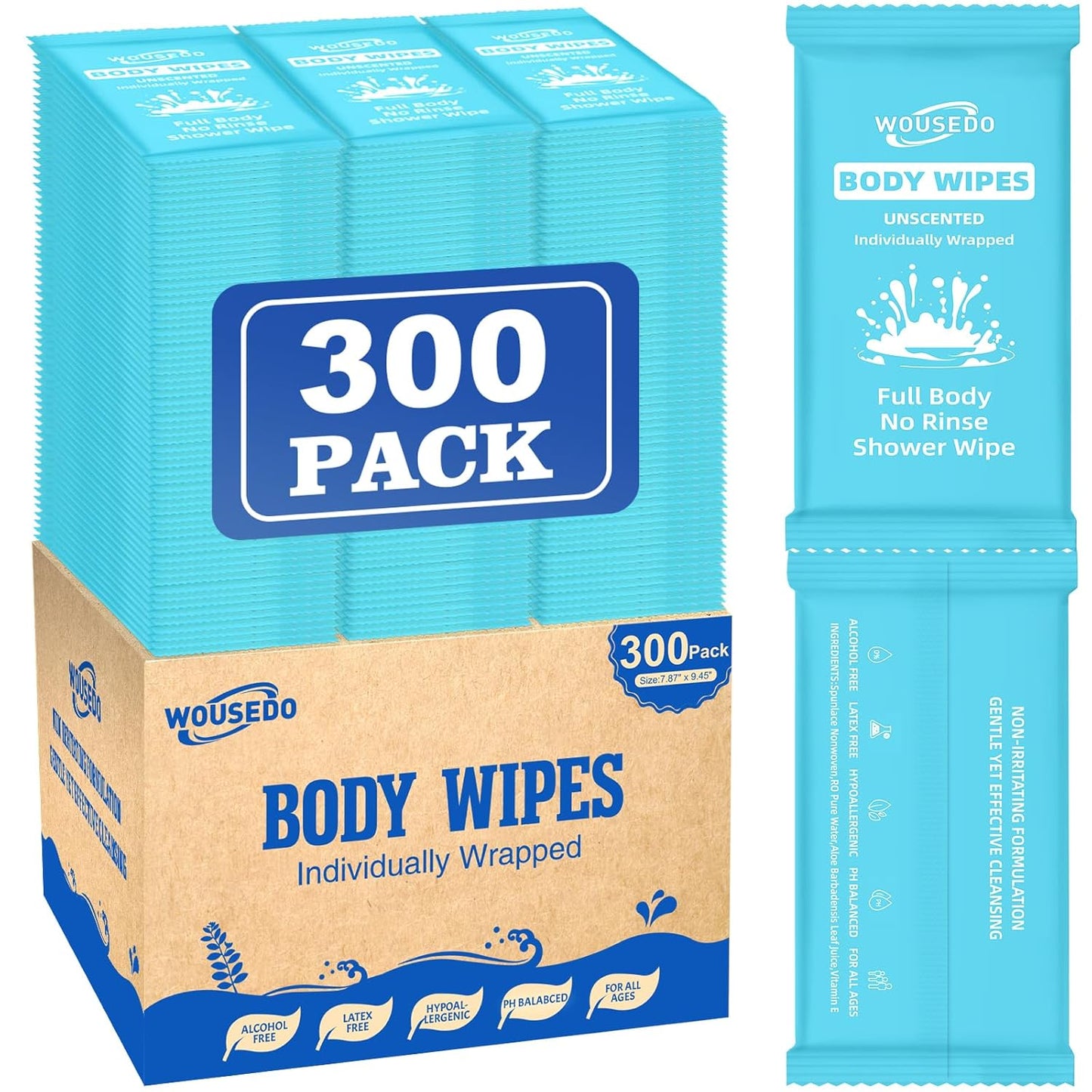 300 Pcs Ultra Thick Soft Large Body Wipes Individually Wrapped(7.87" x 9.45"),Shower Wipes for Adults Bathing No Rinse,Personal Cleansing Wipes for Travel Gym,Bulk Deodorant for Homeless(Blue)