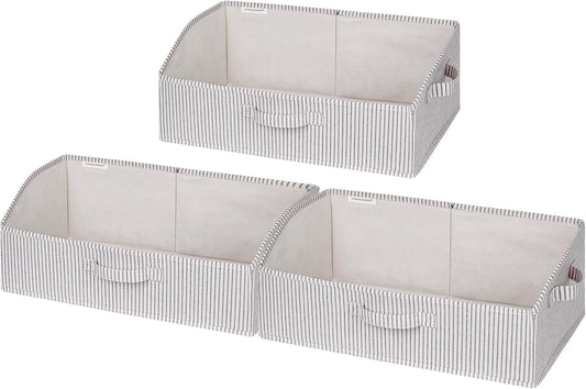 StorageWorks Closet Storage Bins, Trapezoid Organizer Box for Shelves, Fabric Clothes Bin, Foldable Organizing Baskets with Handles, Large, Khaki and Beige Stripes, 3-Pack