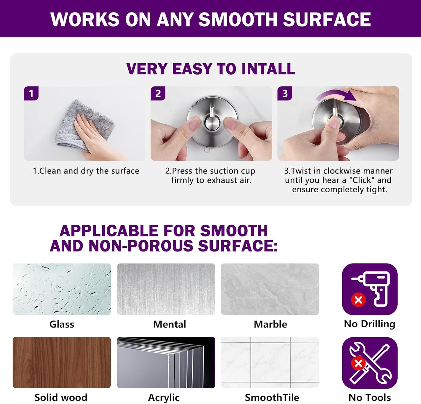 JOMOLA Brushed Stainless Steel Shower & Bathroom Hooks - No Drill Adhesive-Free Suction Cup Hardware, Rustproof Waterproof Metal Wall Mount for Towel Robe, Damage-Free (4-Pack)