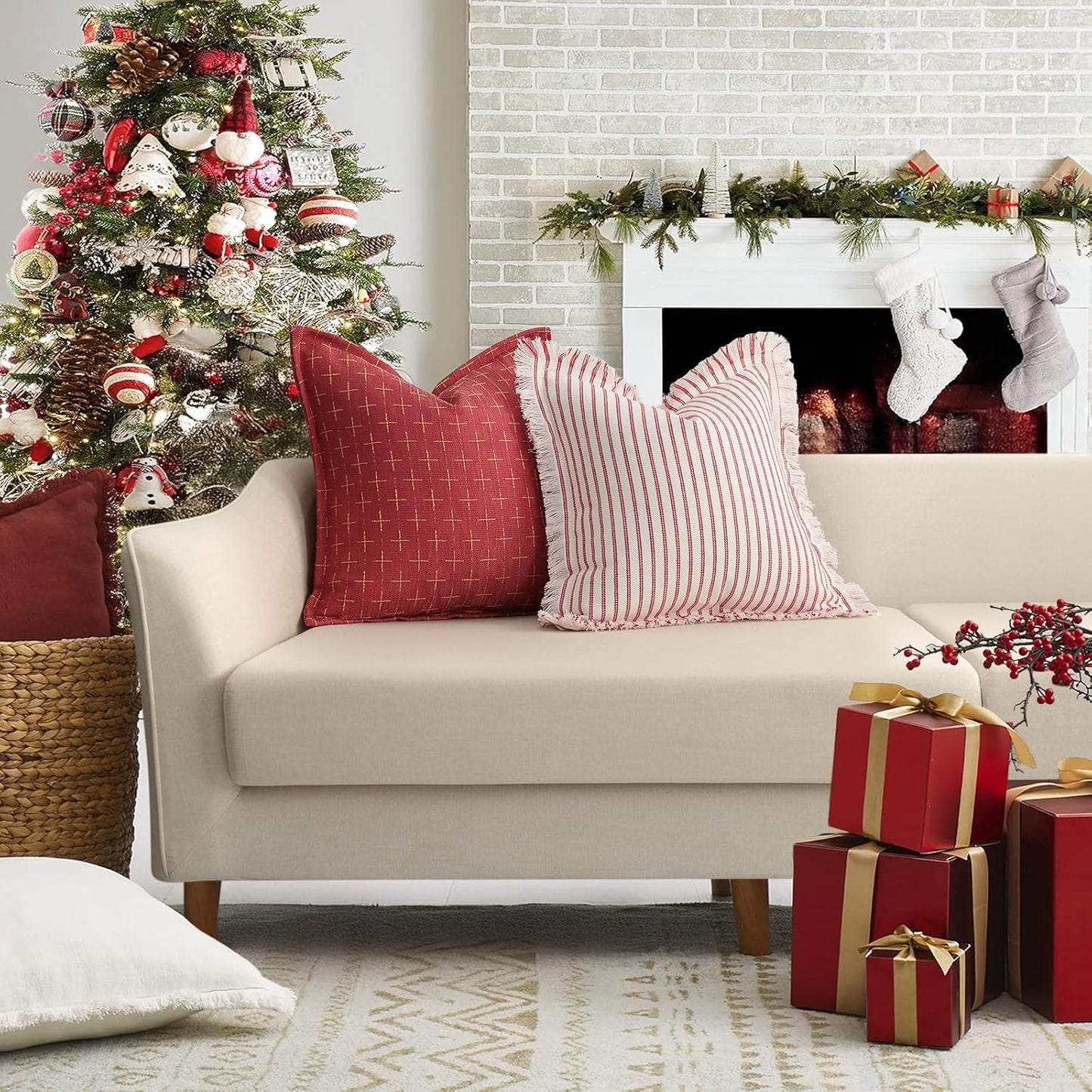 ZWJD Christmas Pillow Covers 22x22 Set of 2 Soft Polyester Textured Pillows with Stylish Flange Edge Cozy Farmhouse Christmas Decor for Couch Bed Sofa Living Room (Red)