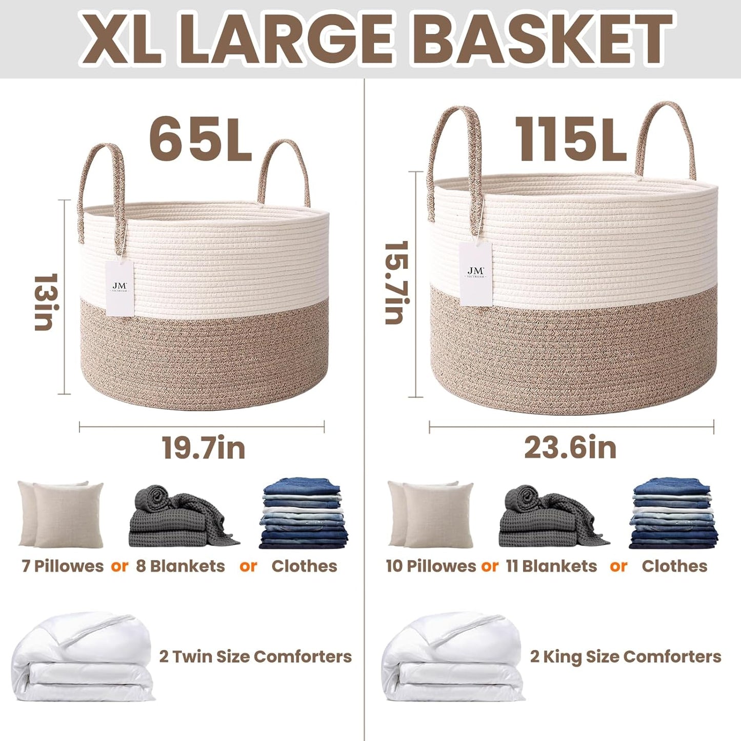 Woven Blanket Basket,115L Large Rope Storage Bin with Handles, Organizer for Blankets Toys Book and Clothes, Laundry Basket for Living Room Bedroom Nursery,White&Brown