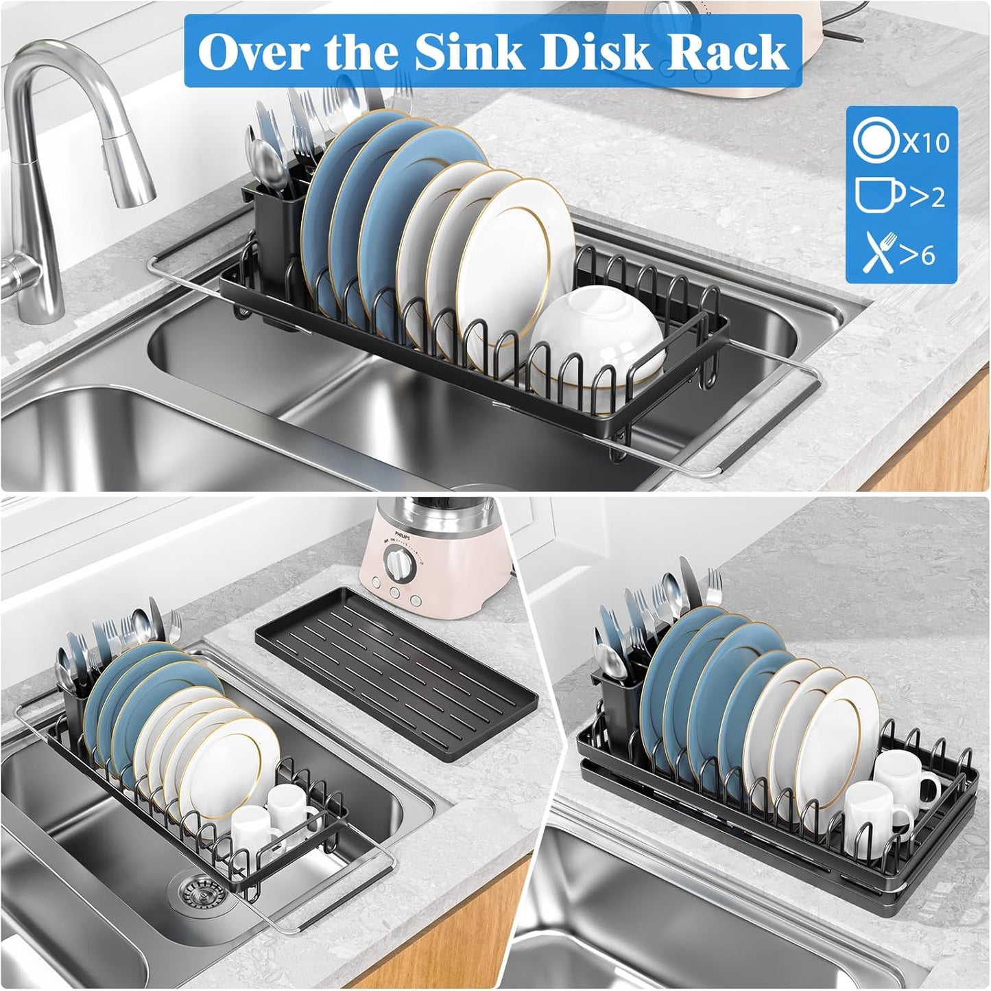 Small Dish Drying Rack Over The Sink, Compact Dish Rack with Silicone Mat for Kitchen Counter, Expandable Dish Drainers Drying Rack Used in Sink & on Countertop, Black