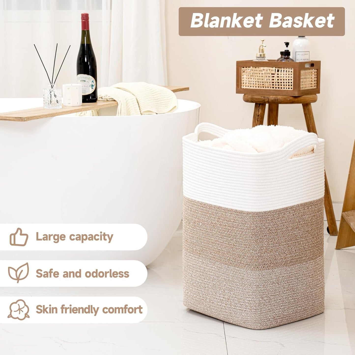CLHMILY&Z 95L Laundry Basket Rectangular Brown Rope - 16x15x24 Inches - Dirty Clothes and Soft Storage Bin for Blankets, Toys, and Nursery Essentials