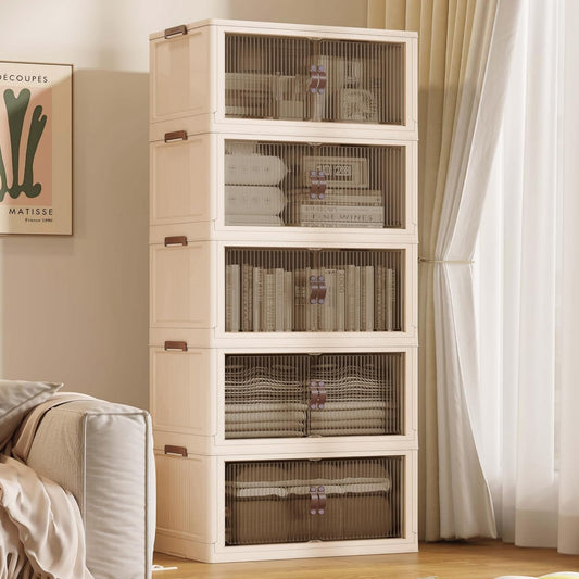 SAILUN 136Gal/543Qt Stackable Storage Bins Folding Collapsible Storage Bins with Lid, Closet Organizers and Storage Box with Door Beige 26" W x 17" D x 71" H