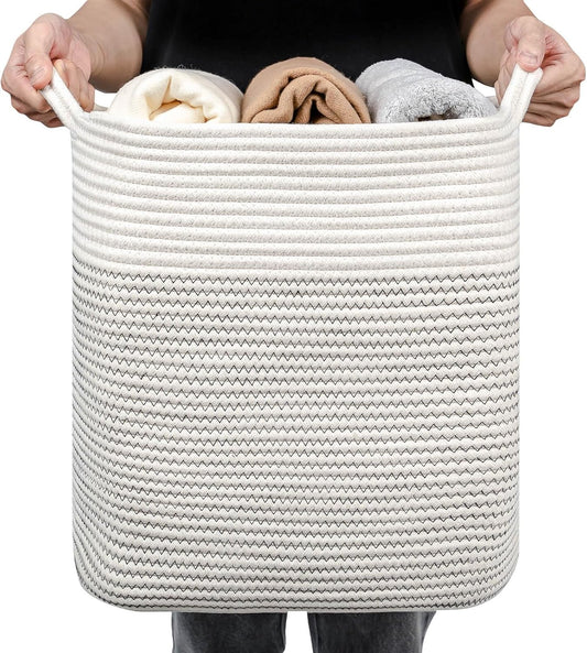 Medium and Large Woven Basket//With Handle, Used for Toys and Fabric Storage Basket used for Storing xl Storage Box, Decorative Storage Box Room (14L*15.7H I White/Black Line, 14L*10W*15.7H)