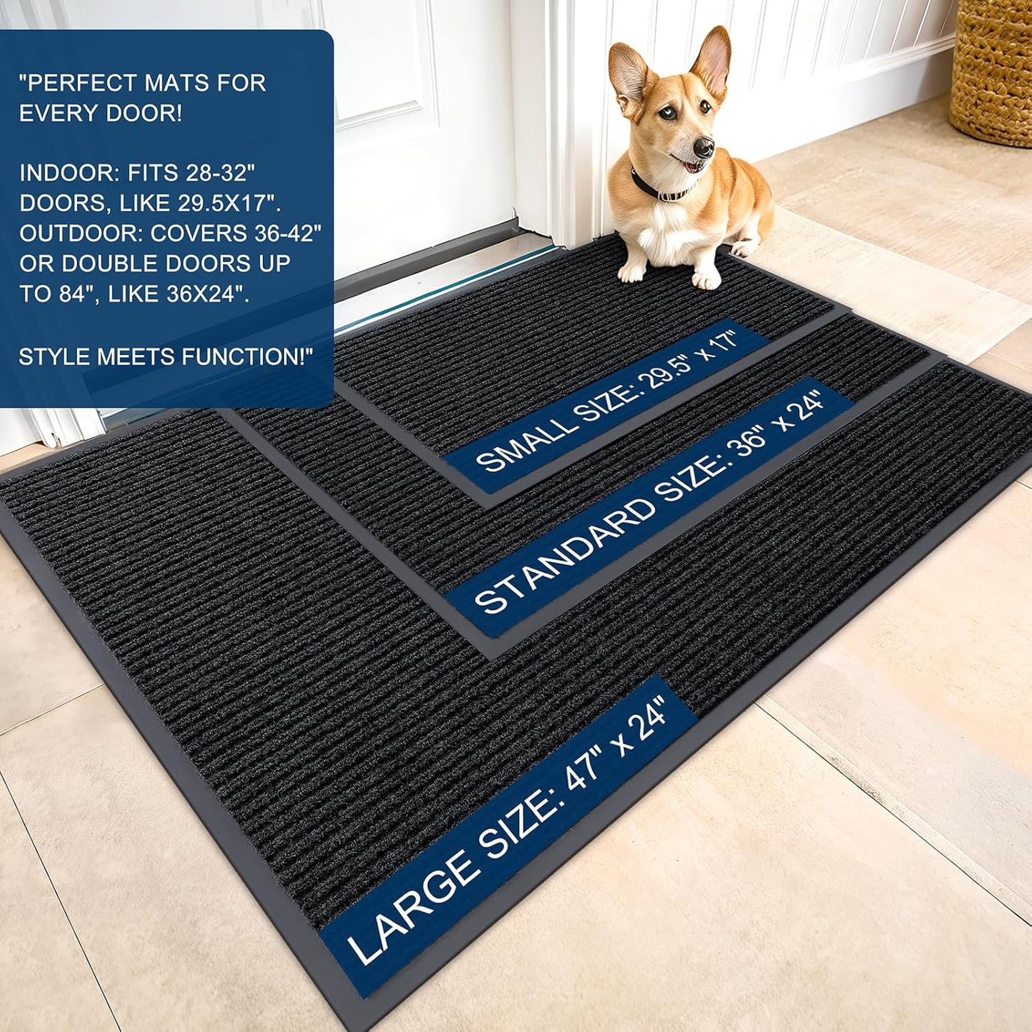 OLANLY Front Door Mat Indoor Outdoor Entrance, Waterproof Heavy Duty Doormat, Fade Resistant, Low Profile, Easy Clean Patio Porch Welcome Floor Mats for Entry, 59x35, Black