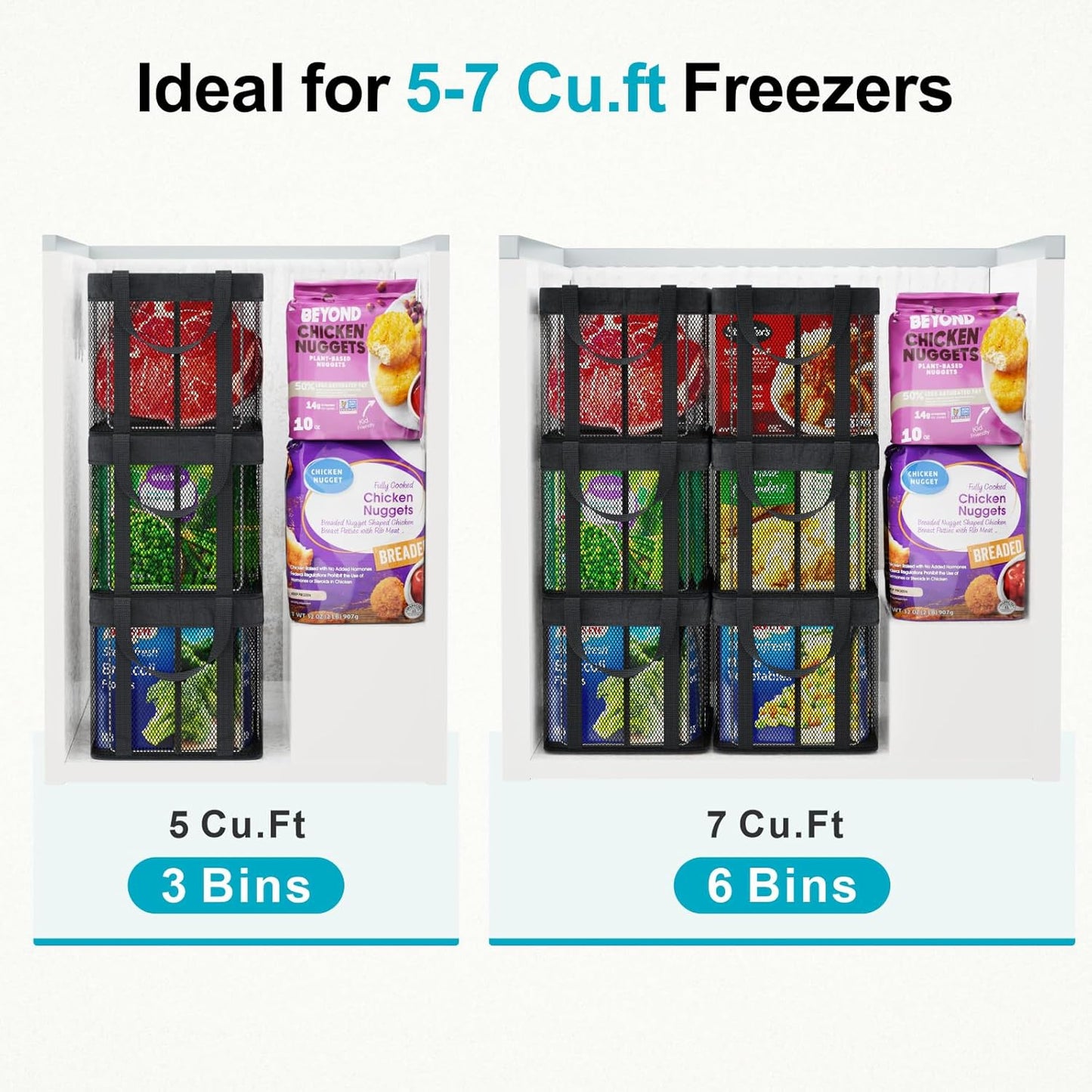 iSPECLE Deep Freezer Organizer Bins - 2 Pack Large Stackable Freezer Organizer Bins for 5 to 7 Cu.Ft Chest Freezers Easy Get Foods without Digging, Faster Freezing Better Freshness, Black