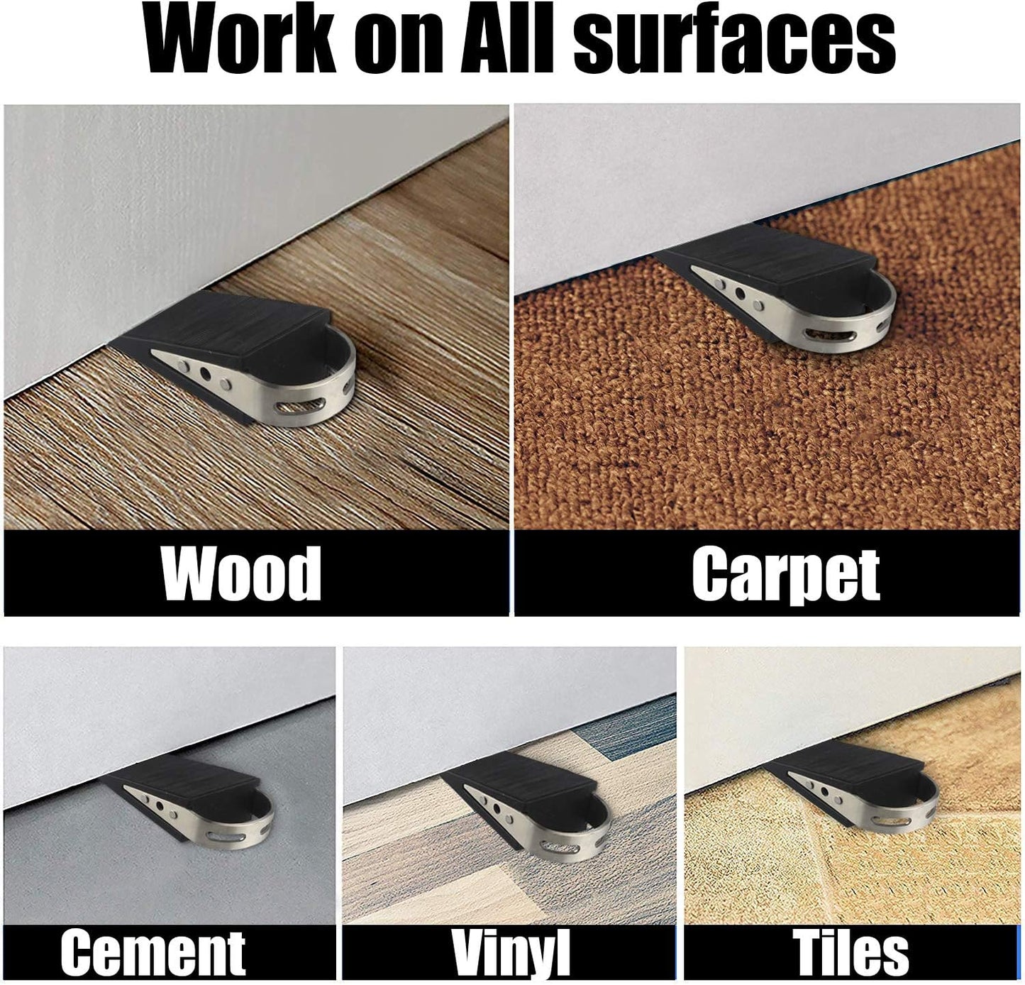 JQK Heavy Duty Door Stopper Rubber Wedge, 304 Stainless Steel Security Door Stops Works On All Floor Types, Brushed(4 Pack), DSB6-BN-P4