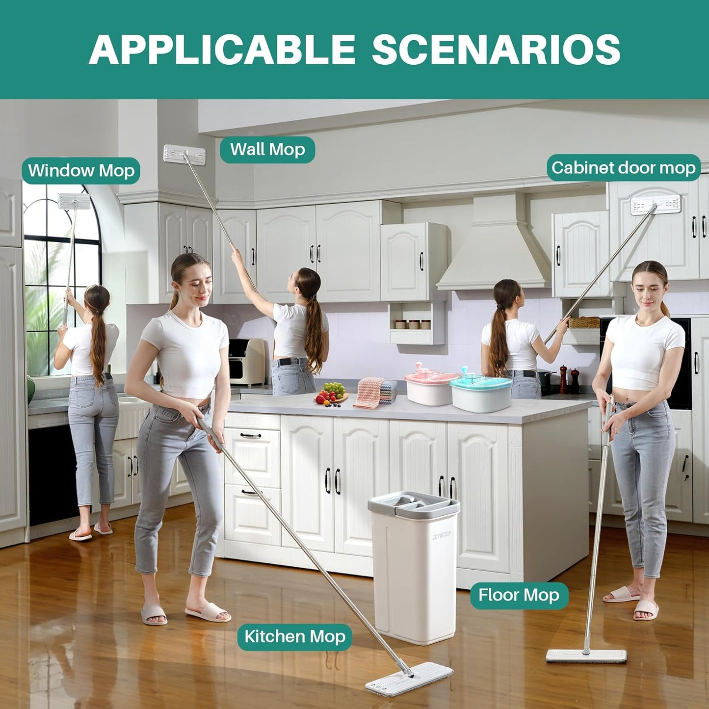 JOYMOOP Mop and Bucket with Wringer Set, Hands Free Flat Floor Mop and Bucket, with 8 Washable Microfiber Pads, Wet and Dry Use, Floor Cleaning System