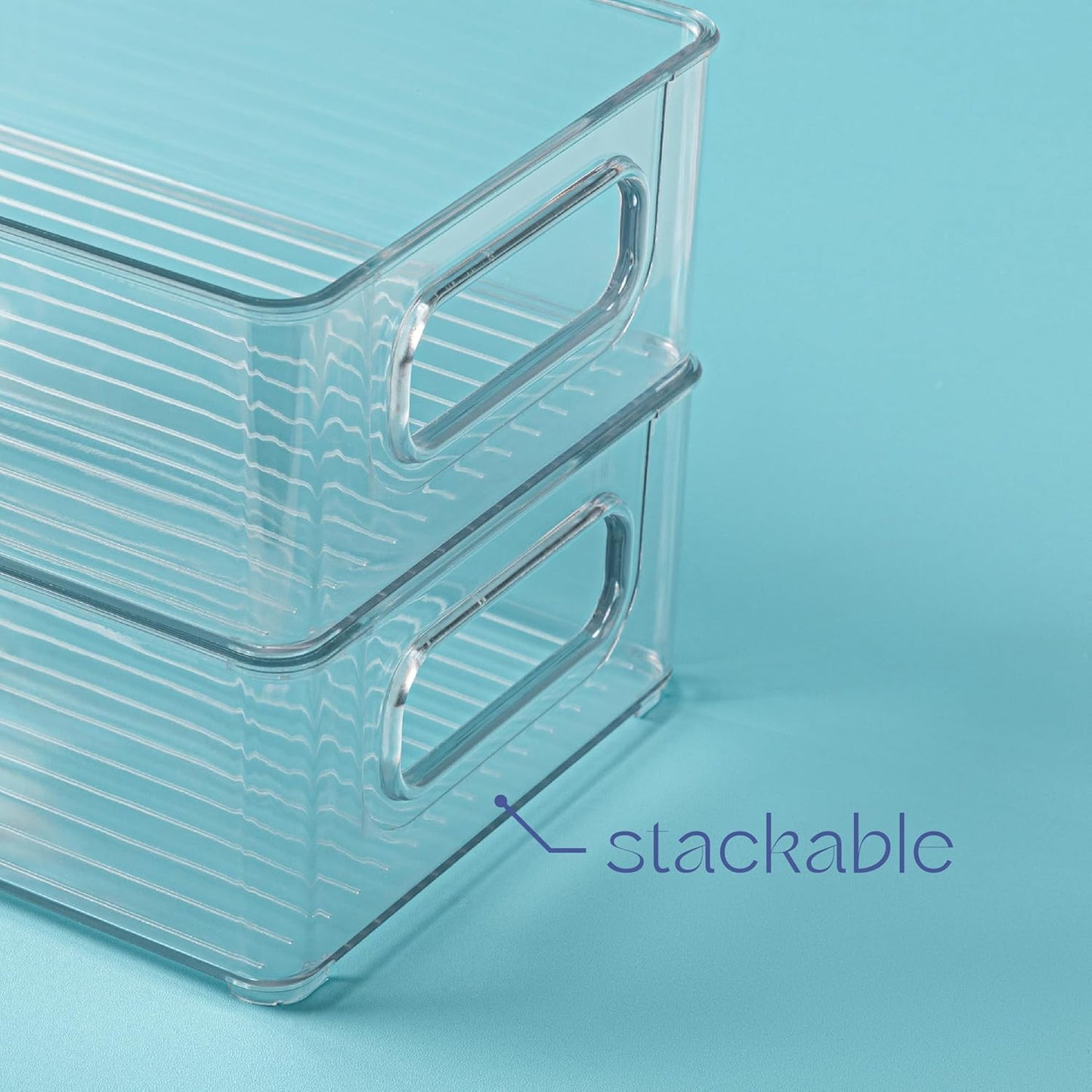 Plastic Food Storage 4 Pack Clear Container Bin with Handles for Organizing Kitchen, Pantry, Refrigerator, Freezer, Pantry, Cabinet, Closet, Bathroom. Stackable 10”x6”x3”