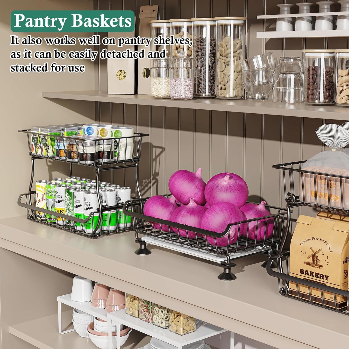 3-Tier Rolling Pantry Floor Organizer and Storage Cart with Wheels, Stackable Wire Pantry Baskets for Pantry Shelves, Kitchen Fruit Basket Stand and Storage Rack for Fruit Snack Onion Potato