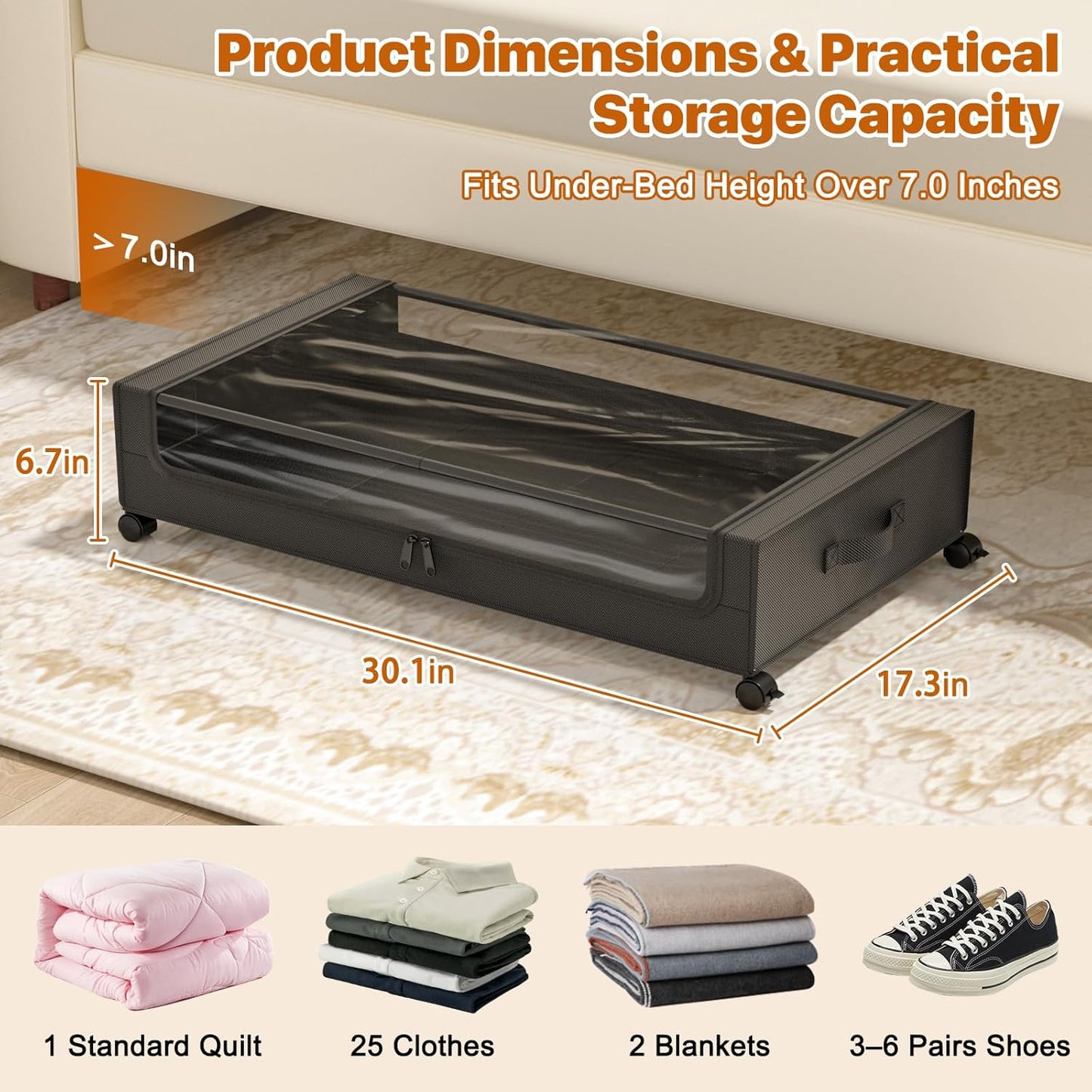 Under Bed Storage with Wheels,XXL 60L Under Bed Storage Containers with Clear Lids, Rolling Under Bed Metal Drawer for Clothes, Shoes,Toys (Black, 2 Pack)