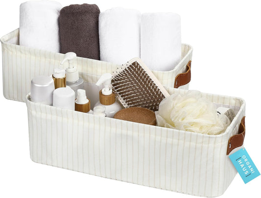 OrganiHaus Narrow Storage Bins 15x06in, Small Closet Bins for Shelves, Bathroom Storage Baskets, Narrow Baskets, Fabric Organizer with Handles, Toilet Paper Organizer - 2 Pack, White w/ Brown Stripes