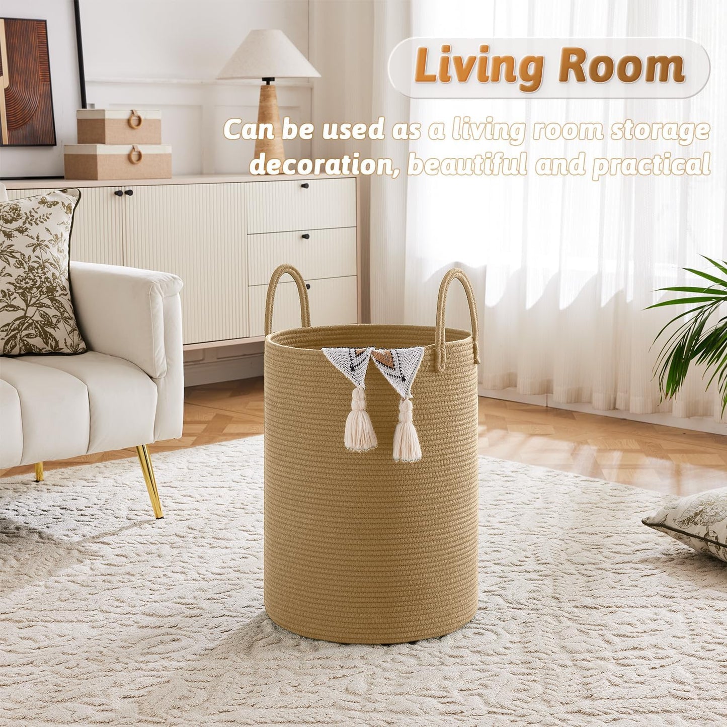 Laundry Basket,Woven Cotton Rope Laundry Hamper,60L for Decorative Storage of Dirty Clothes,Toys and Blankets in Bathroom,Baby Room and Living Room