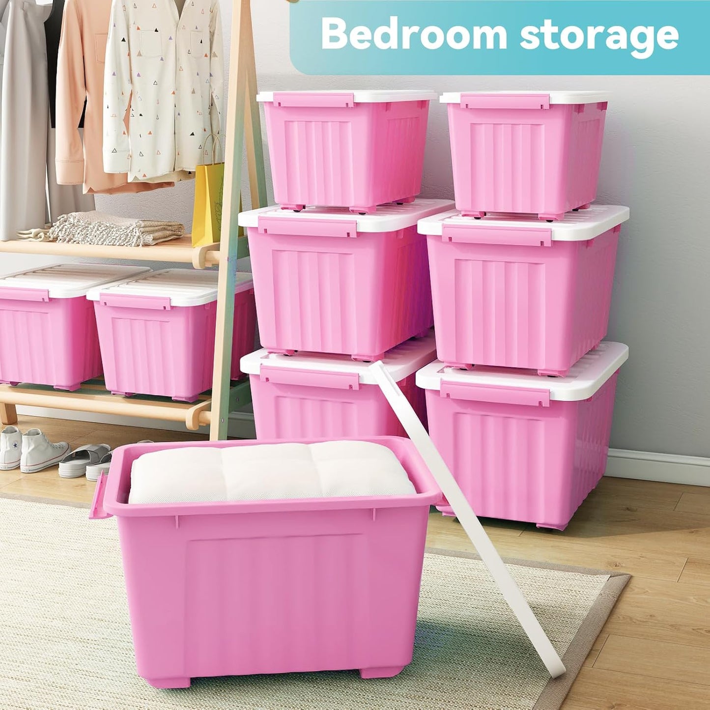 Nazhura Plastic Storage Bin, Stackable and Nestable Storage Boxes with White Lids and Secure Latching Buckles, Large Storage Container (Pink/White, 72Quart-4Pack)