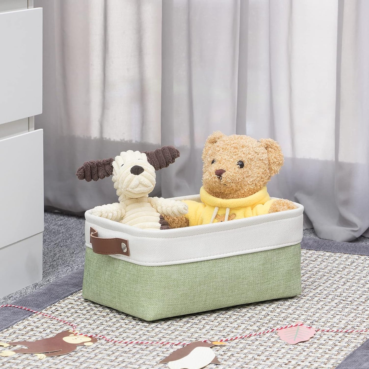 HNZIGE Collapsible Storage Baskets for Shelves(6pack) Small Fabric Bins with Handles, Linen Baskets Organizer Bins for Organizing Closet Nursery Home Shelves(White&Green, 11.8" x 7.8" x 5.1")